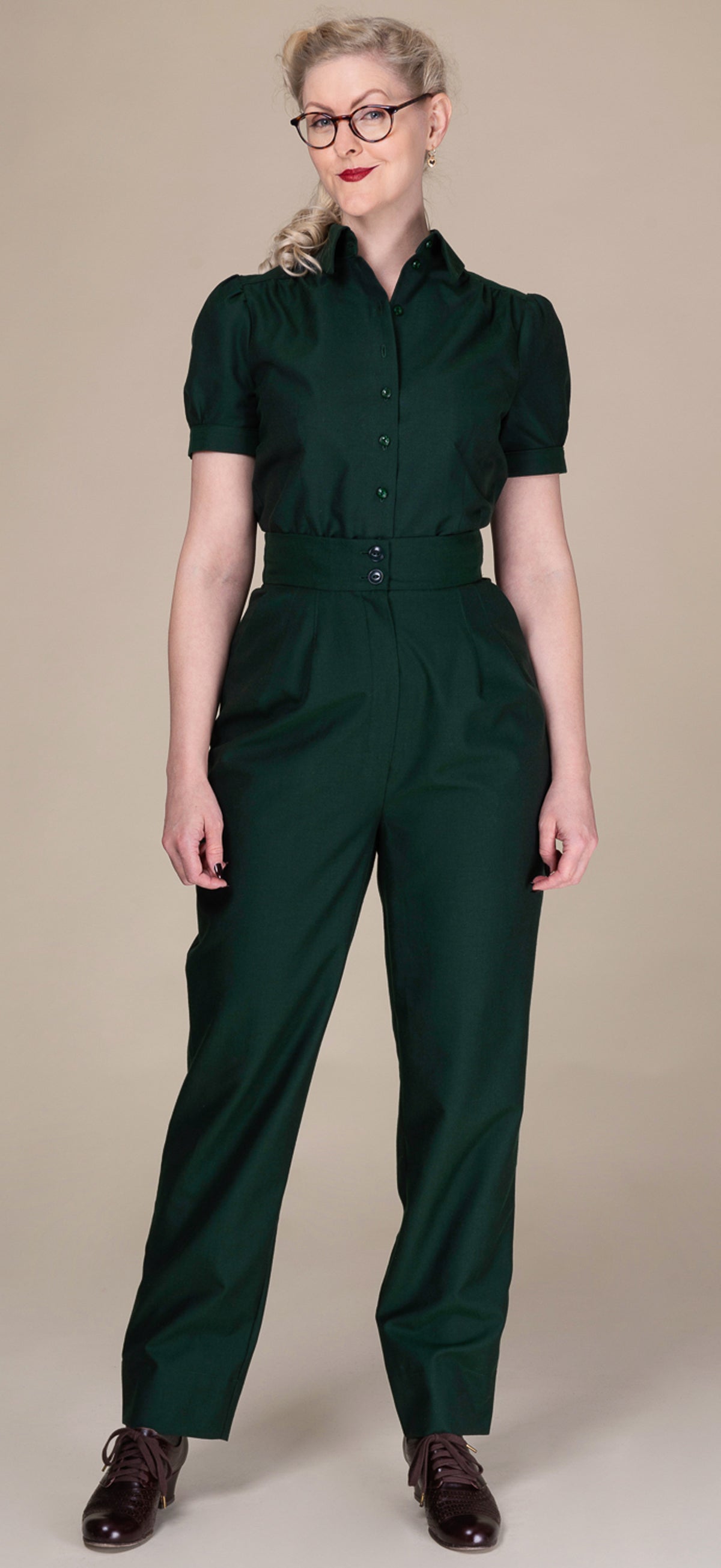 Emmy_THE_PREPPY_PROFESSOR_Vintage_Classic_40s_Kurzarm_BLUSE__Shirt_-_Bottle_Green-3