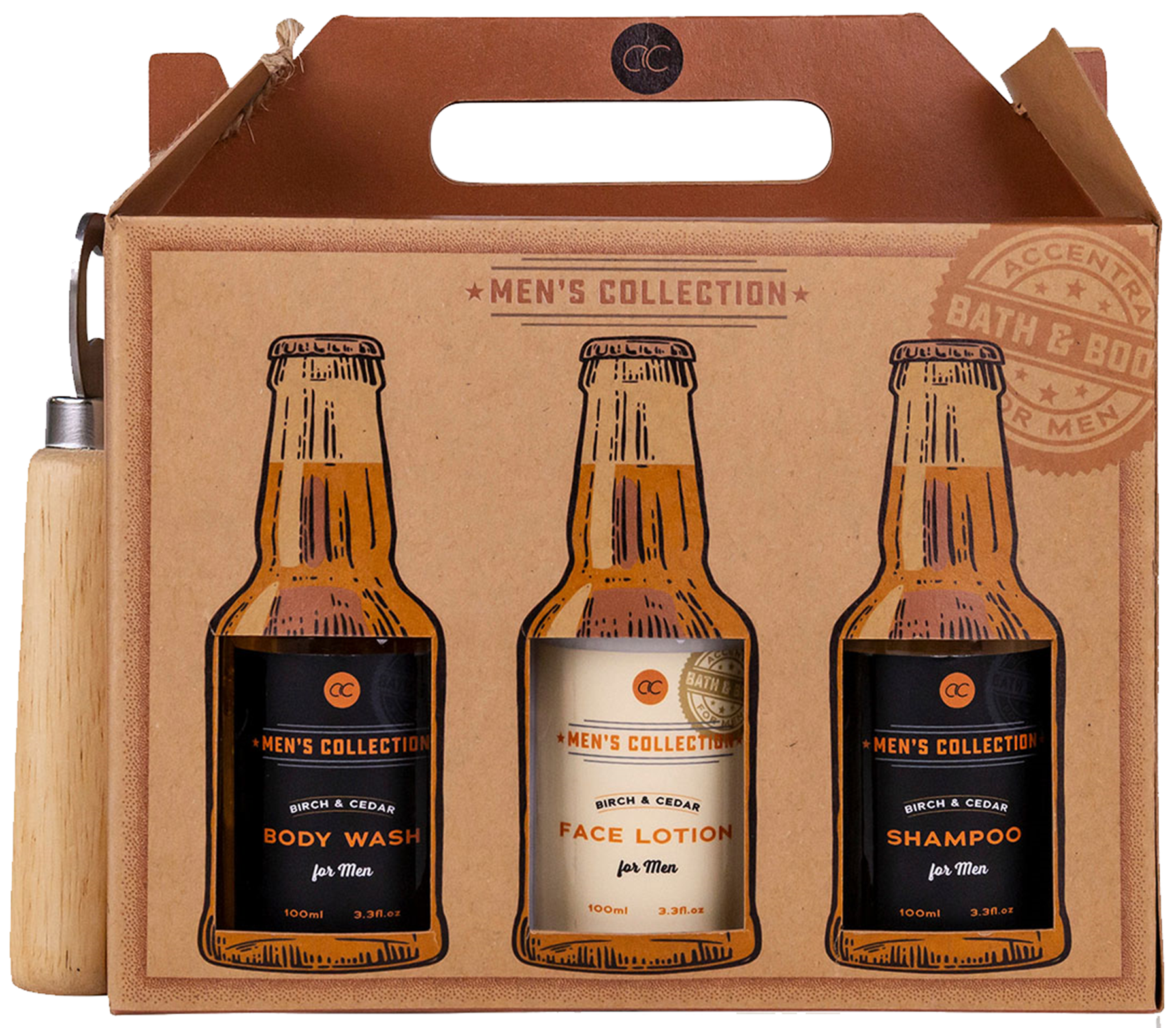 Geschenkset_MEN_COLLECTION_SIXPACK_-_Body_Wash-Handlotio-Face_Wash-Gesichtslotion-Shampoo-After_Shave_Balm-Flaschenoeffner_mit_Holzgriff_-_Birke_und_Zede_killer_kirsche_1