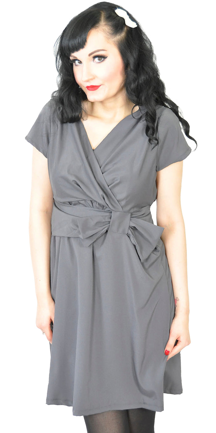 Grey_BOW_Schleifen_Vintage_V-Neck_PIN_UP_Kleid