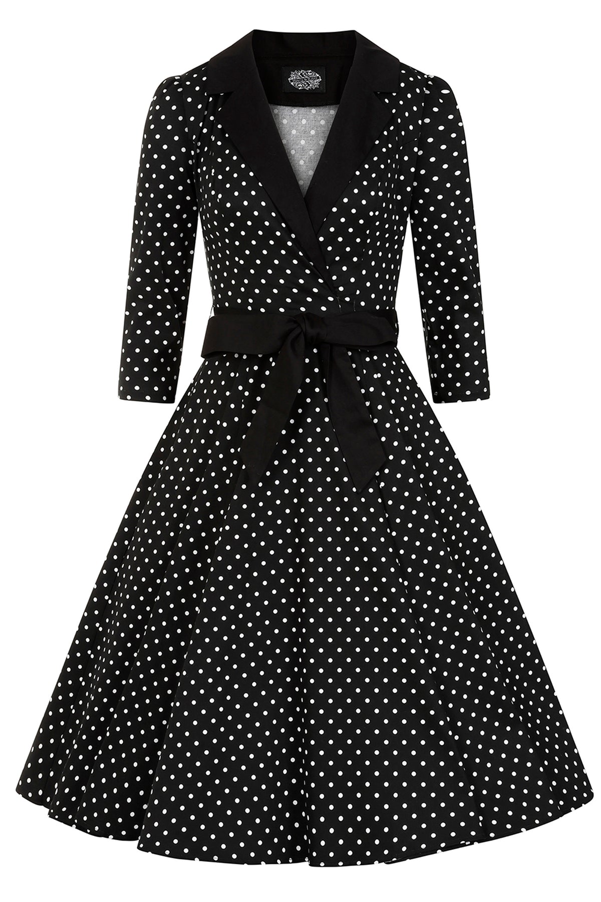 Hearts & Roses Cora Polka Dot Swingkleid in Schwarz mit weißen Punkten, Reverskragen und Bindegürtel