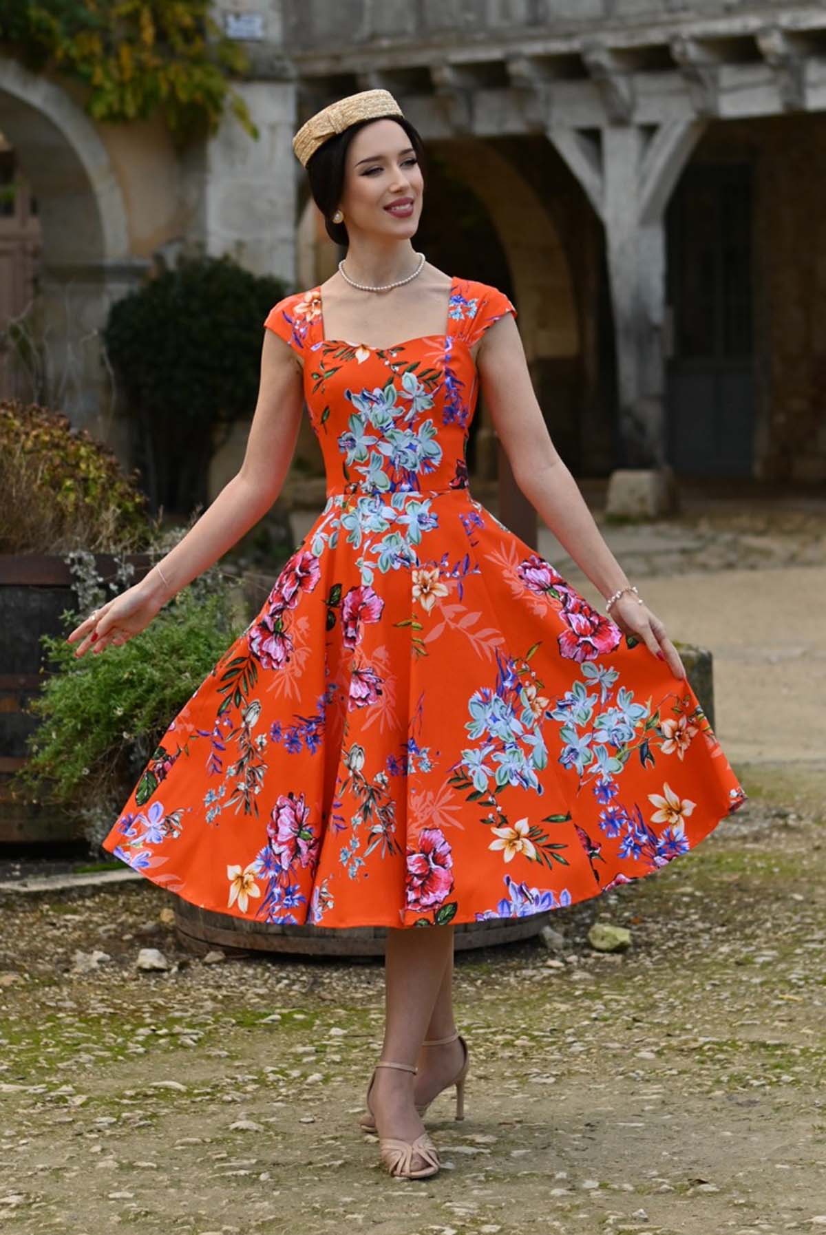Hearts & Roses «Sunrise Orchids» Vintage Retro Blüten Swing Dress / Kleid - Orange