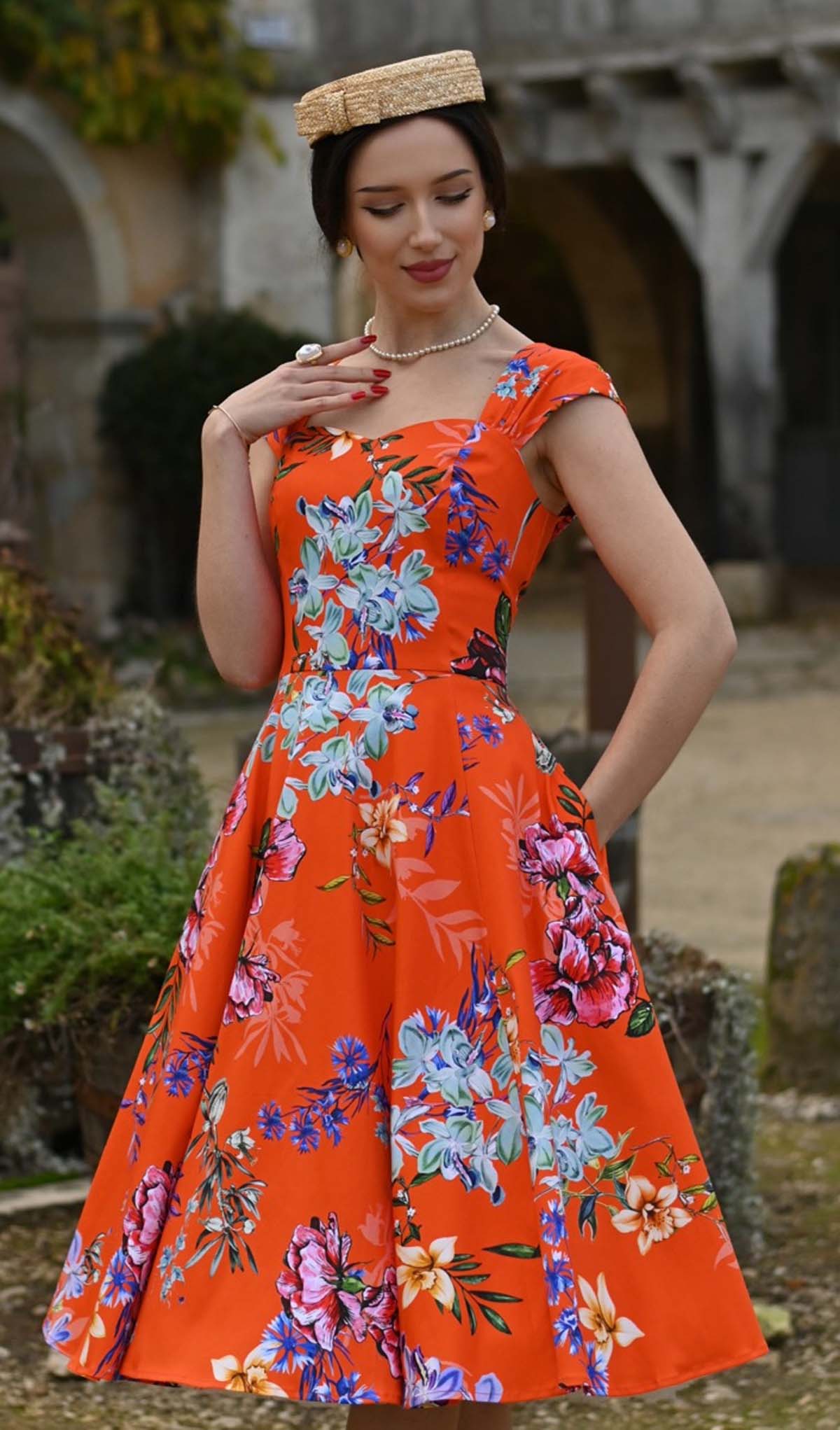 Hearts & Roses «Sunrise Orchids» Vintage Retro Blüten Swing Dress / Kleid - Orange