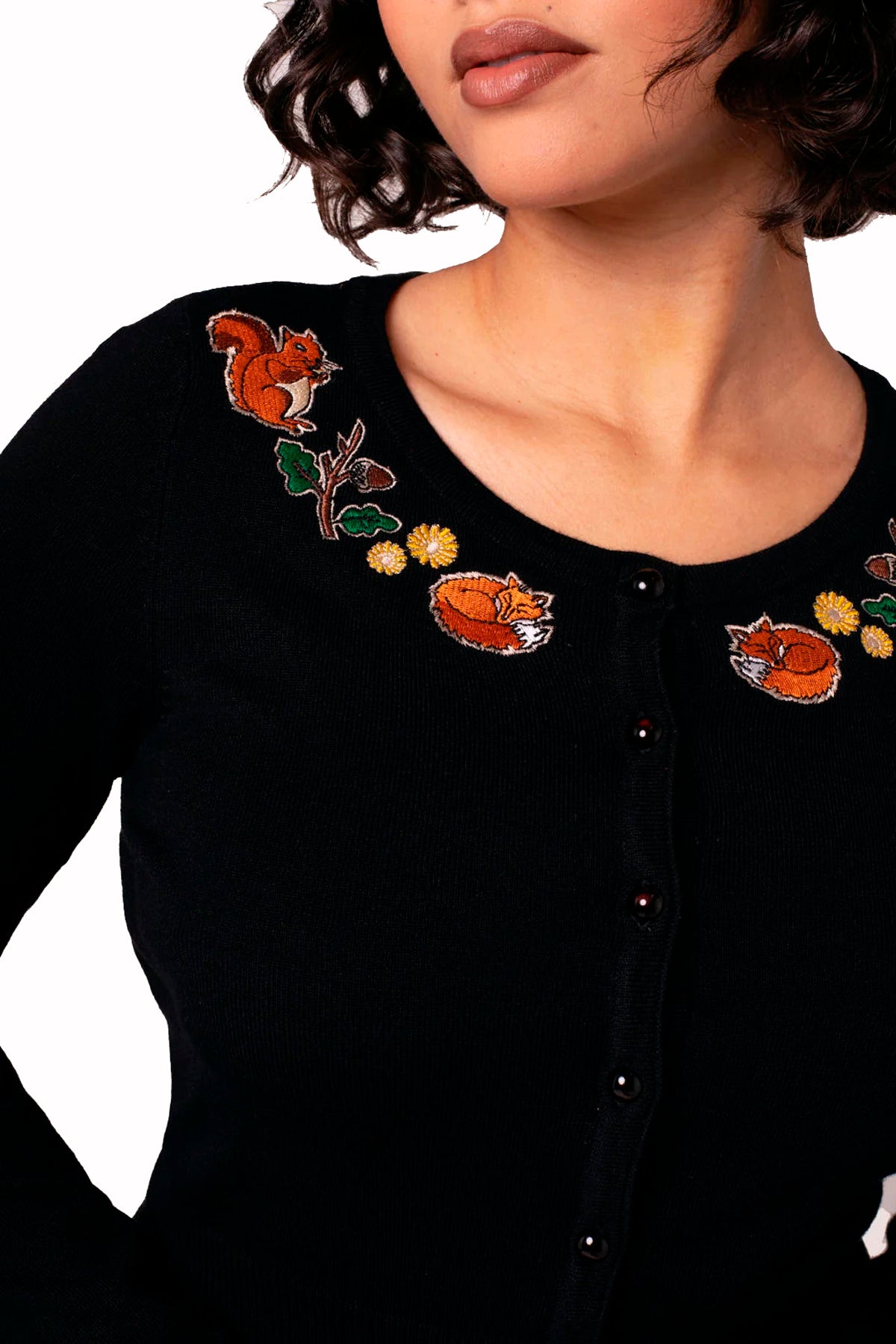 Hell Bunny «Chester Woodland» Vintage Retro Cropped Waldtiere Cardigan / Strickjacke - Schwarz