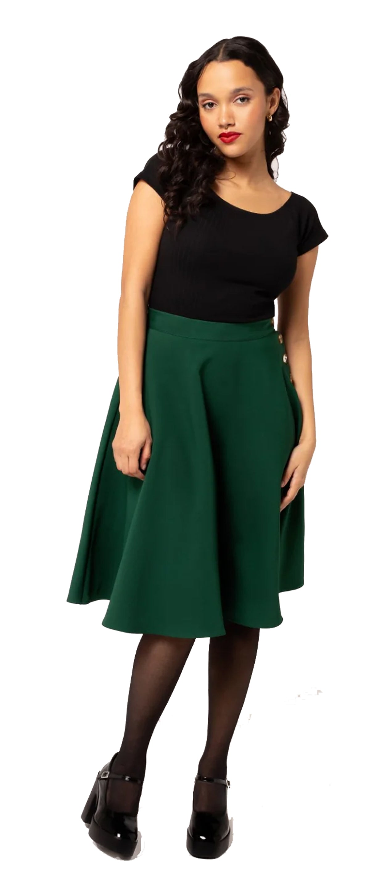 Hell_Bunny_RAVENWOOD_BUTTON_Vintage_PLAIN_High_Waist_SWING_SKIRT_Tellerrock_-_Tannengruen-1