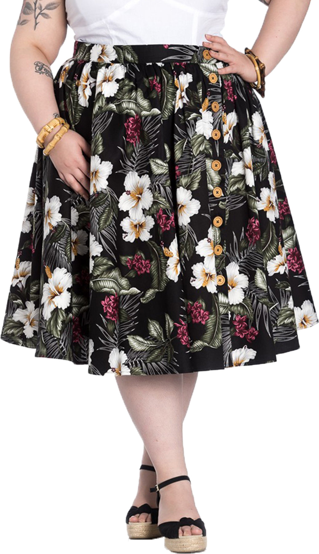 Hell_Bunny_TAHITI_Hibiscus_Tropical_TIKI_Swing_Skirt_TELLERROCK_Plus_Size_Schwarz_killer_kirsche