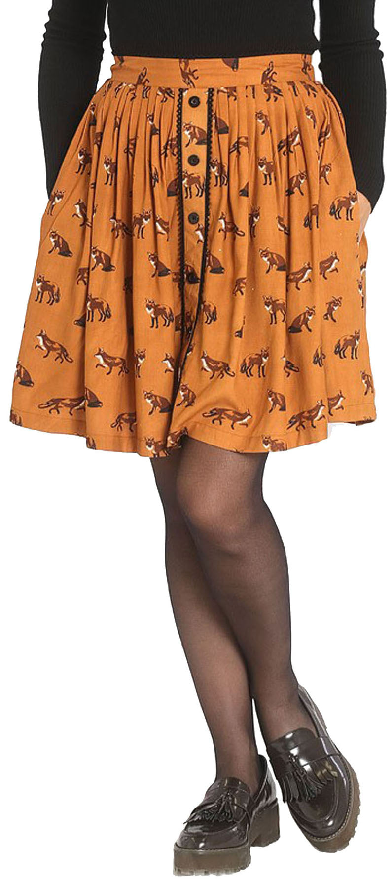 Hell_Bunny_VIXEY_Vintage_FOX_Fuchs_MINI_Pleated_SWING_SKIRT_Rock_Braun_killer_kirscheFYtc3l1hcenQb