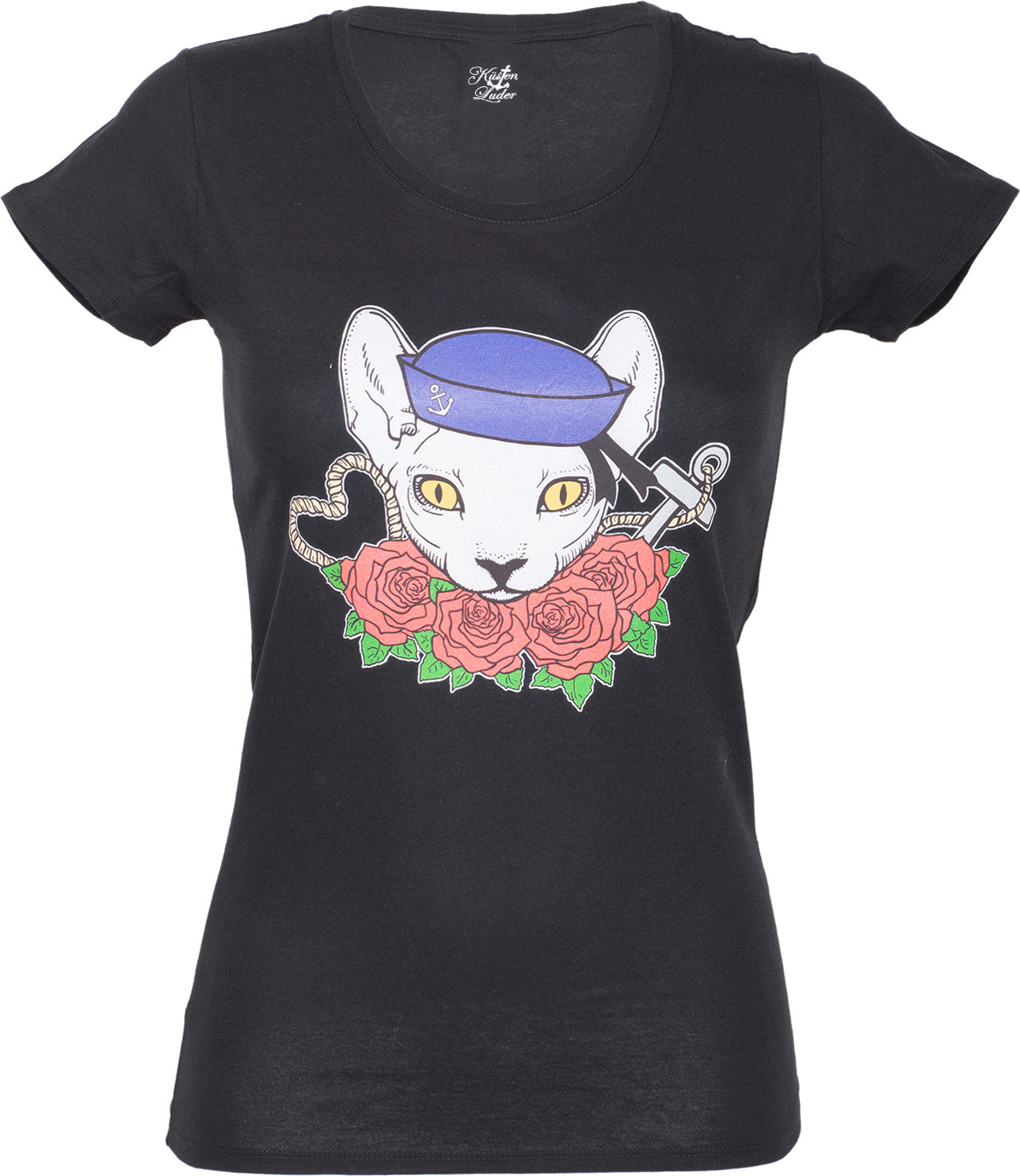 KM241_-_Kuestenluder_SAILOR_KITTY_Cat_Rose_Nautical_Anchor_Kurzarm_SHIRT_-_Schwarz