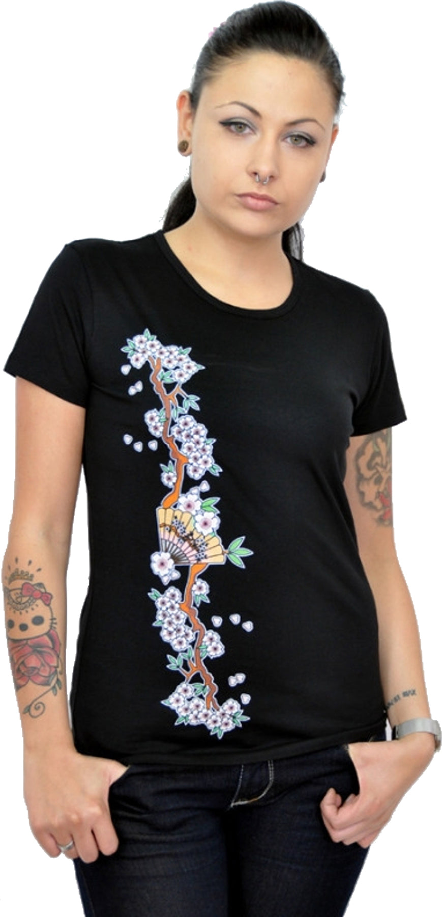 Killer_Kirsche_FLOWER_CHERRY_BLOSSOMS_Kirschblueten_ASIA_Girlie_Kurzarm_Shirt_-_schwarz