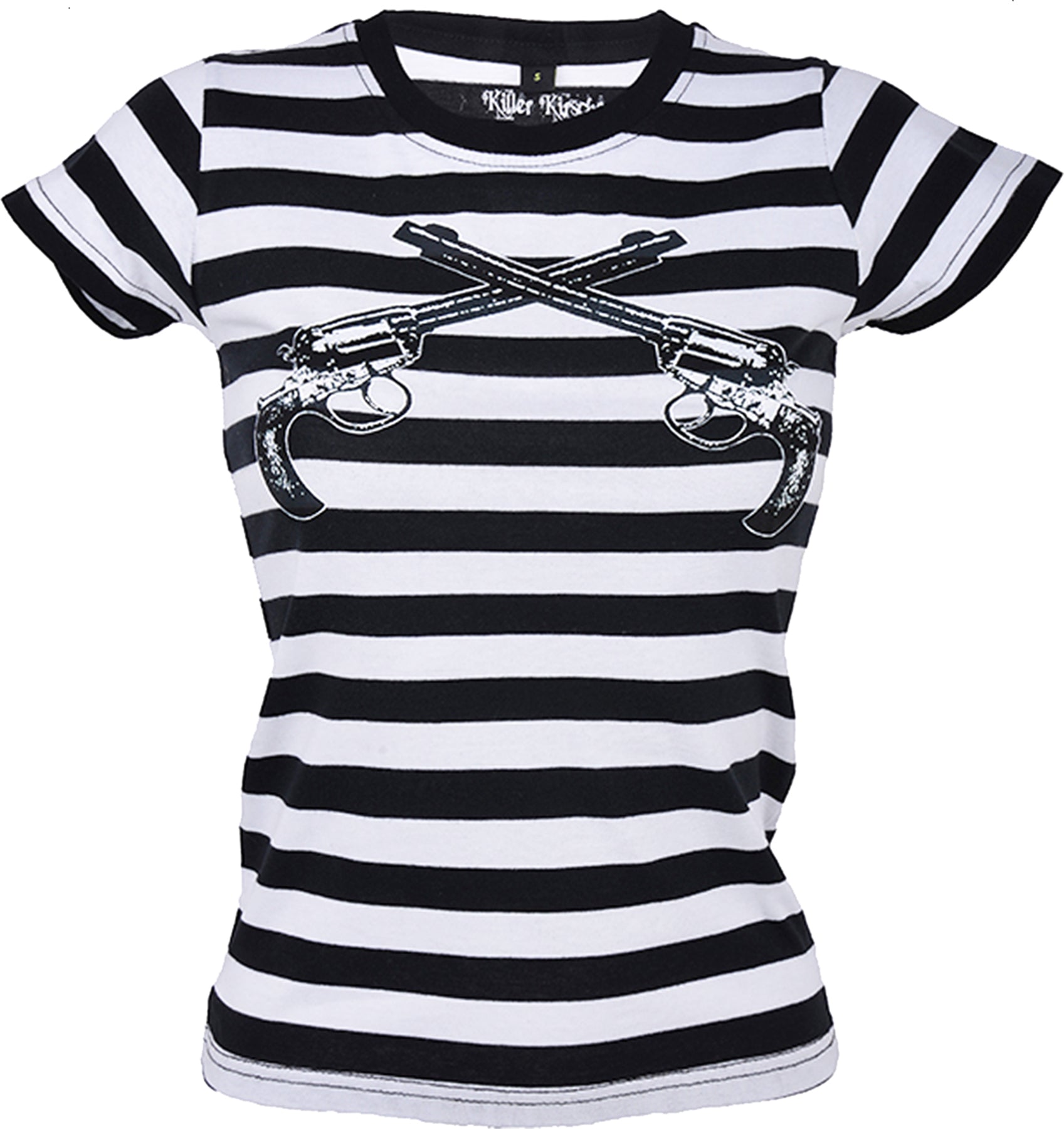 Killer_Kirsche_STRIPED_2_GUN_REVOLVER_Streifen_Girlie_Motiv_Kurzarm_T-Shirt_-_Schwarz_WeissaYmQyUdynzEqj