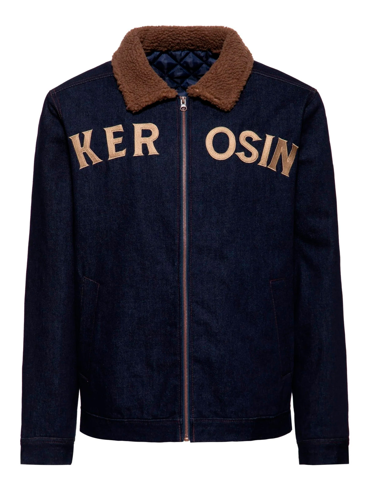 King Kerosin Herren Denim Jacke in Dark Blue Wash mit braunem Teddykragen, Schriftzug auf der Brust und klassischem Workwear-Schnitt