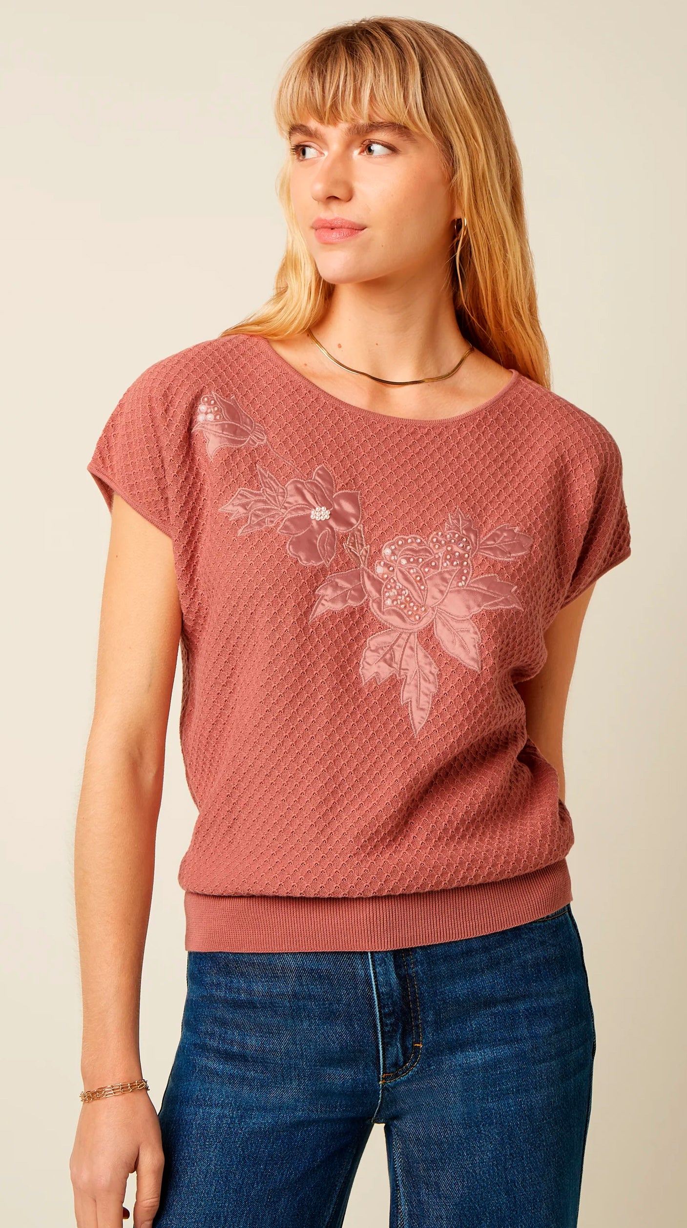 King Louie «Ann Top Applique» Vintage Retro Strick Jumper Kurzarm Pullover / Oberteil - Dusty Rose