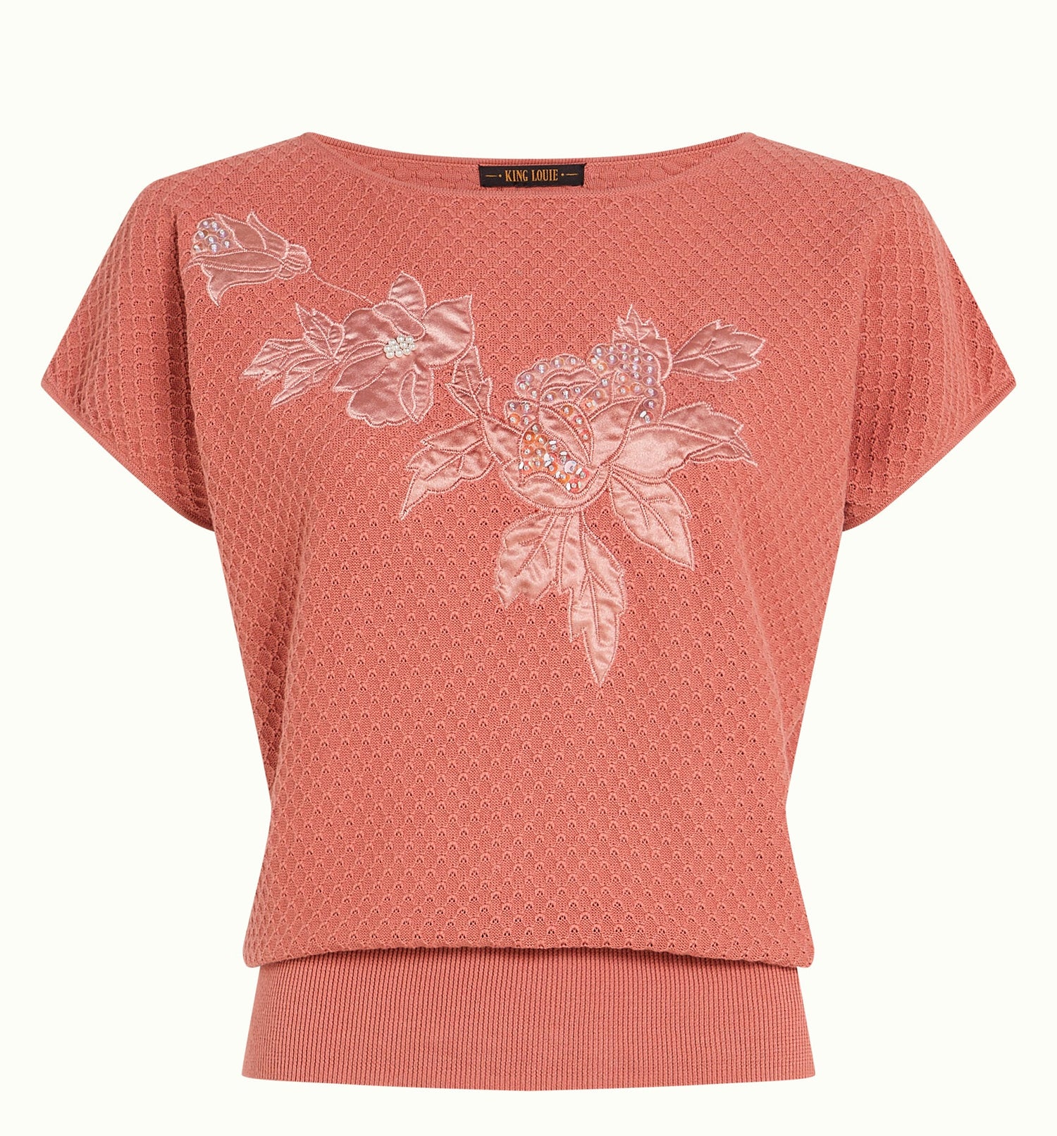 King Louie «Ann Top Applique» Vintage Retro Strick Jumper Kurzarm Pullover / Oberteil - Dusty Rose