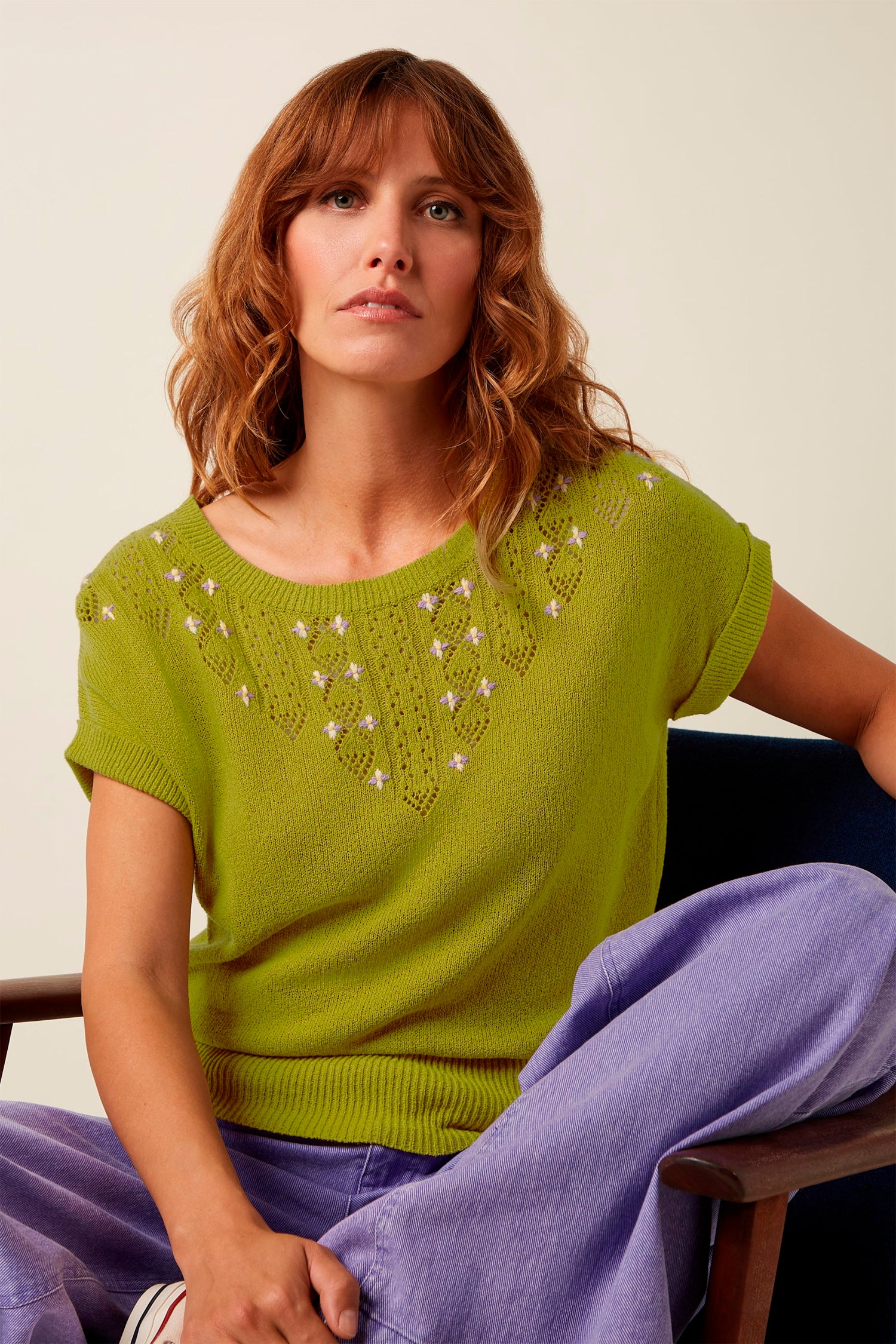 King Louie «Ann Top Eden» Vintage Lochmuster Feinstrick Oberteil / Jumper - Dunkles Lindgrün