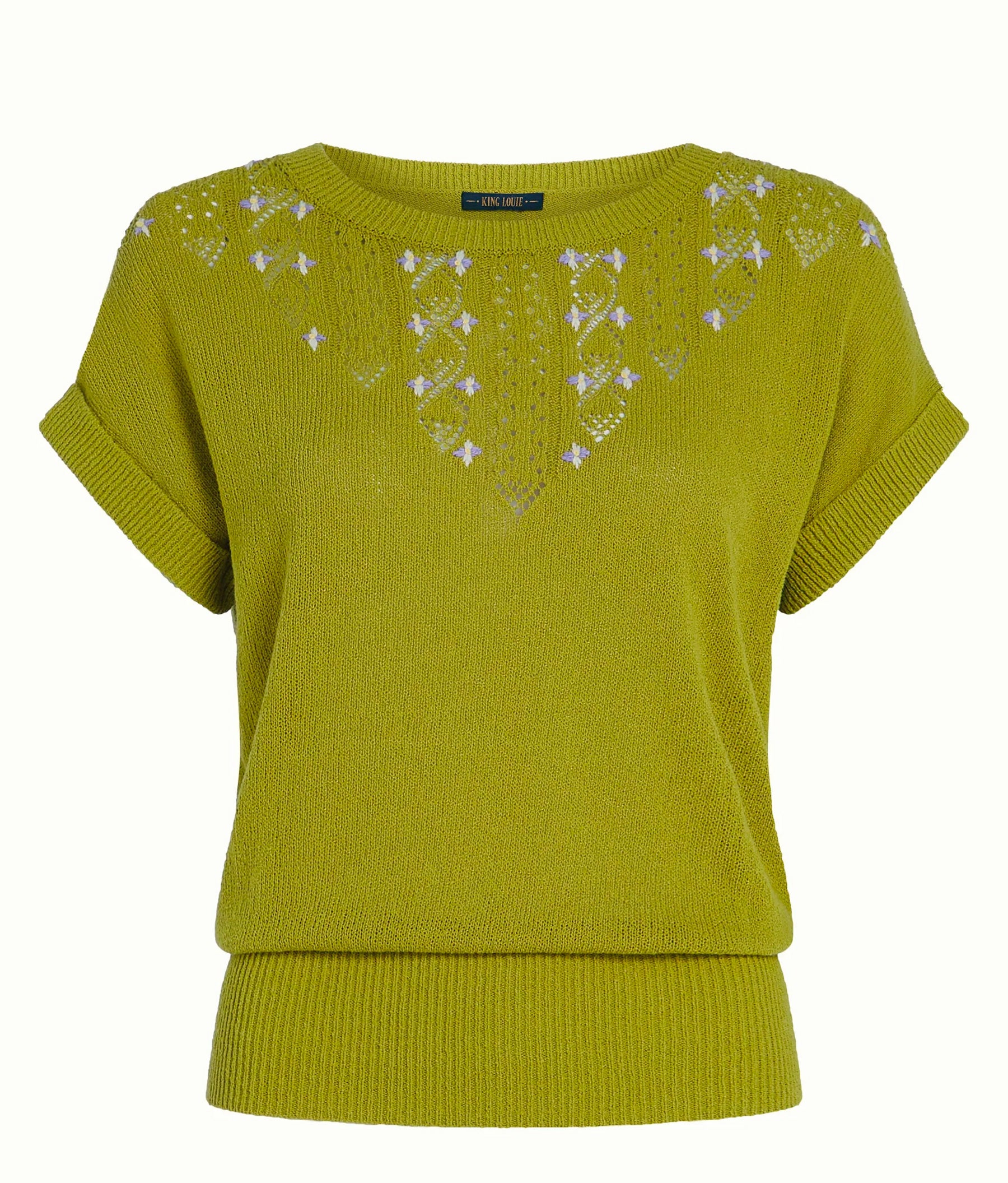 King Louie «Ann Top Eden» Vintage Lochmuster Feinstrick Oberteil / Jumper - Dunkles Lindgrün