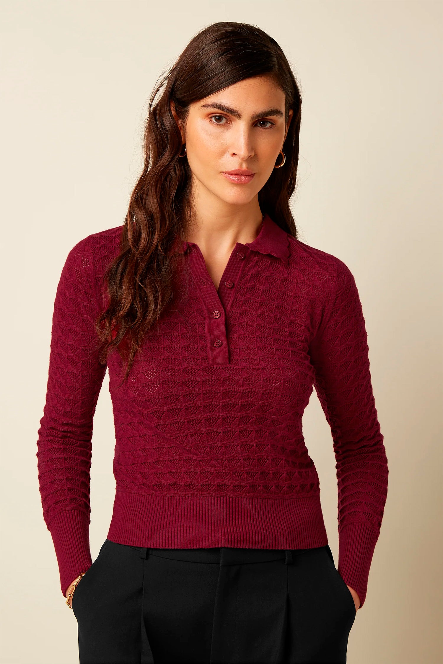 King Louie «Avel Knit» Vintage Retro Polo Top / Strickshirt Pullover - Bordeaux