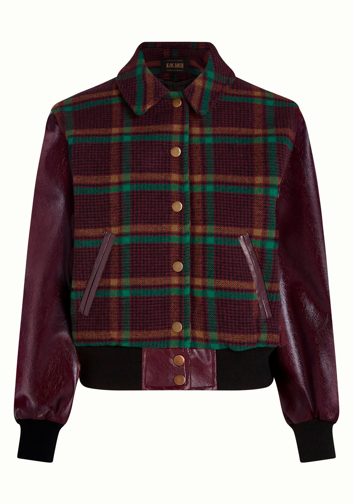 King Louie Billie Baseball Jacket kariert in Bordeaux und Grün mit glänzenden Ärmeln