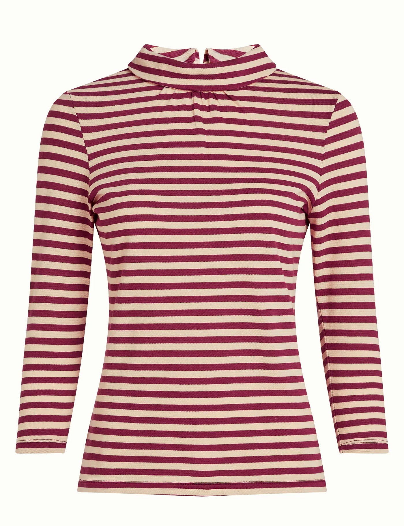 King Louie Ringelshirt aus GOTS Bio-Baumwolle in Brombeer und Creme mit dekorativem Kragen und 3/4-Ärmeln
