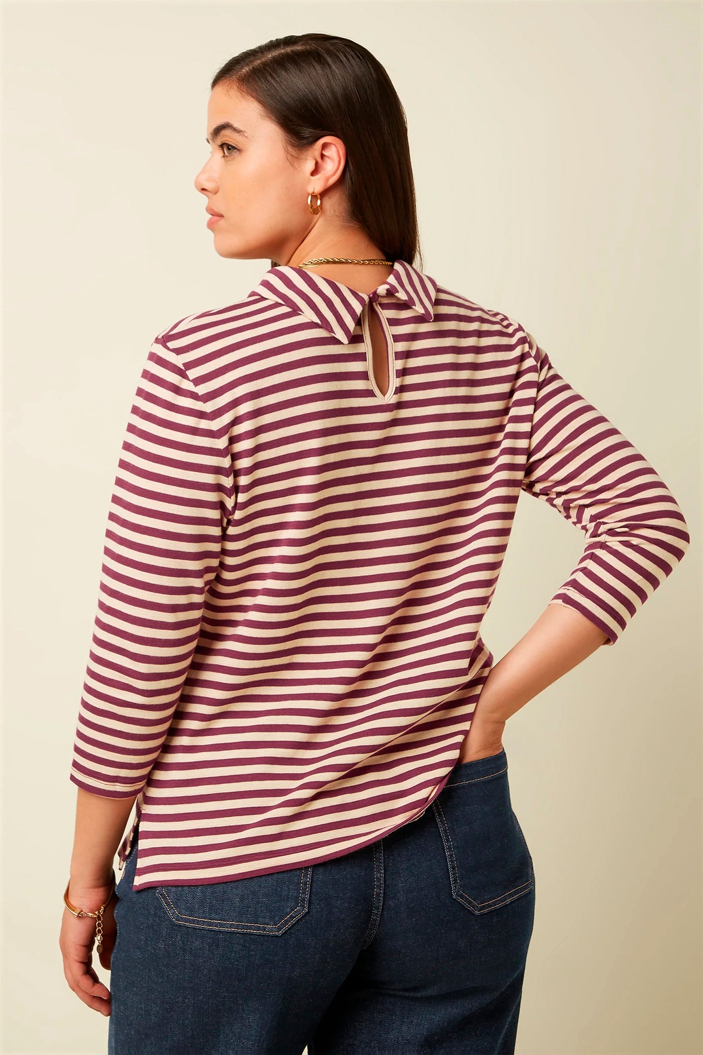 King Louie «Dita Chopito» Vintage Streifen 3/4 Arm Stripe Collar Oberteil / Shirt - Weinrot