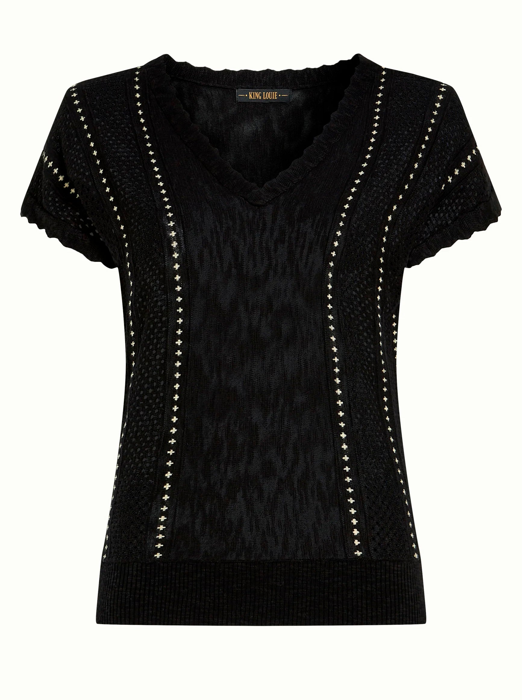 King Louie »Lyra Marea« Vintage Lochmuster Retro V-Neck Kurzarm Shirt - Schwarz