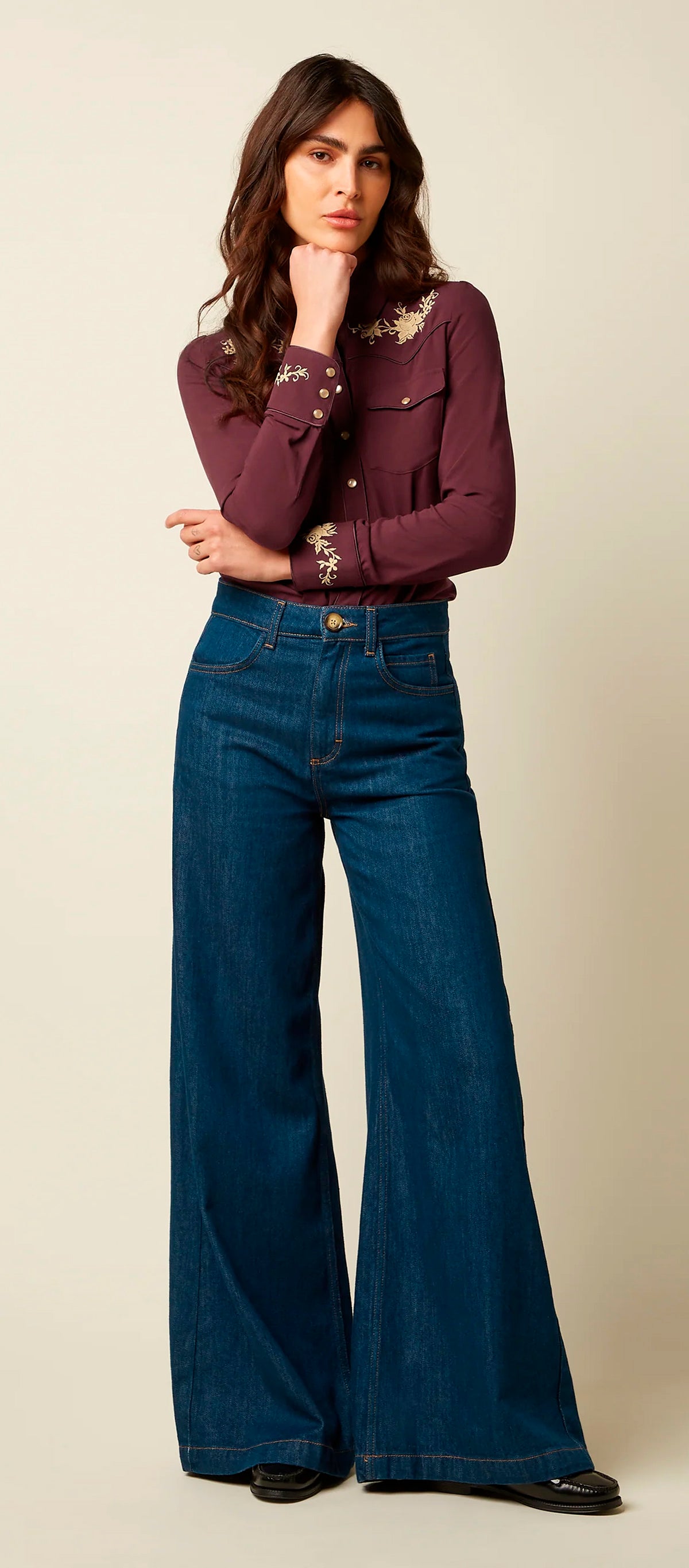 King Louie «Rosetta Embroidery» Vintage Classic Western Floral Langarm Bluse - Bordeaux