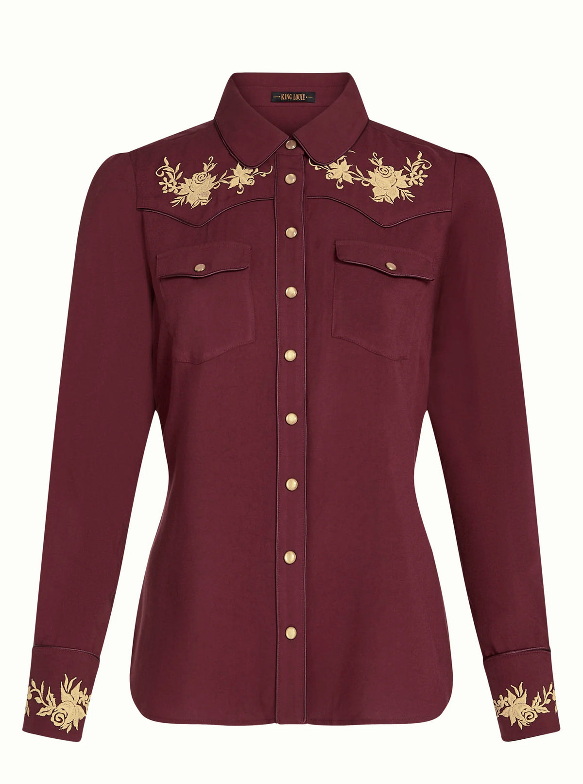King Louie Rosetta Embroidery Damen Western Bluse in Bordeaux mit beigefarbener Blumenstickerei, Brusttaschen und klassischem Kragen