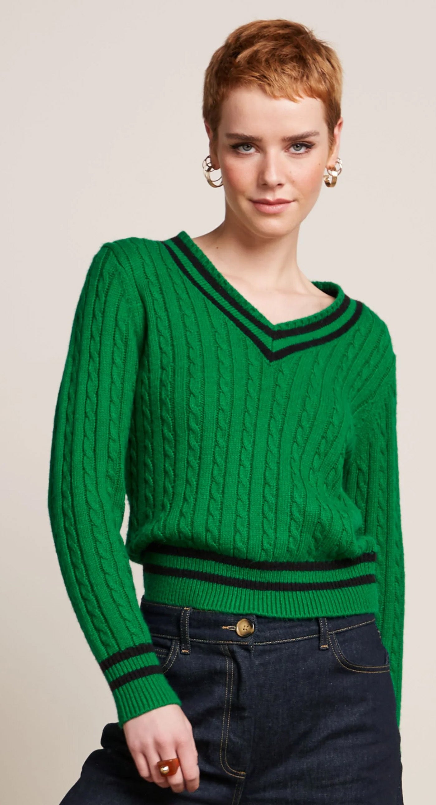 King_Louie_COLLEGE_V-NECK_Retro_Streifen_ZOPFMUSTER_Vintage_STRICKSHIRT_Pullover_-_Gruen-2