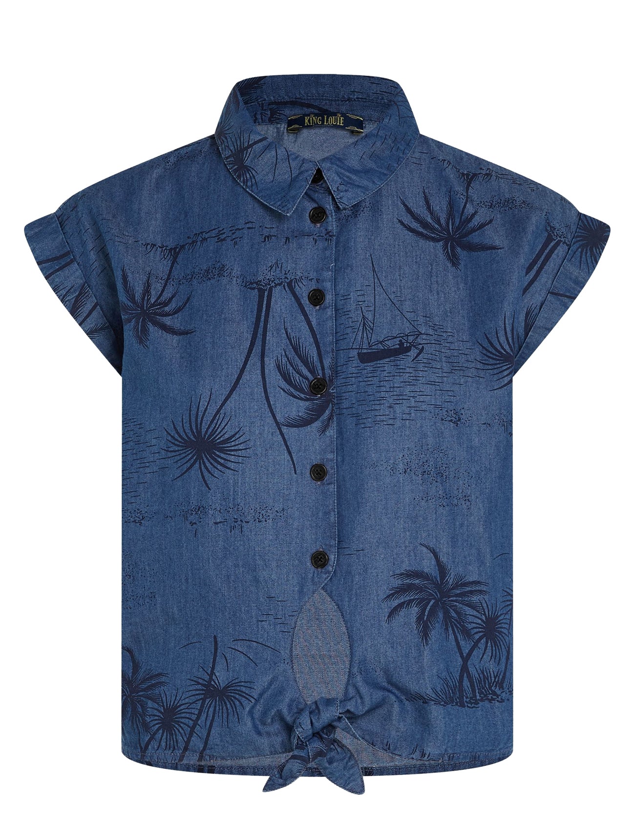 King_Louie_KNOT_BLOUSE_DAYTRIP_Vintage_Palmen_Tropical_Kurzarm_Knotenbluse_Oberteil_-_Jeansblau-3