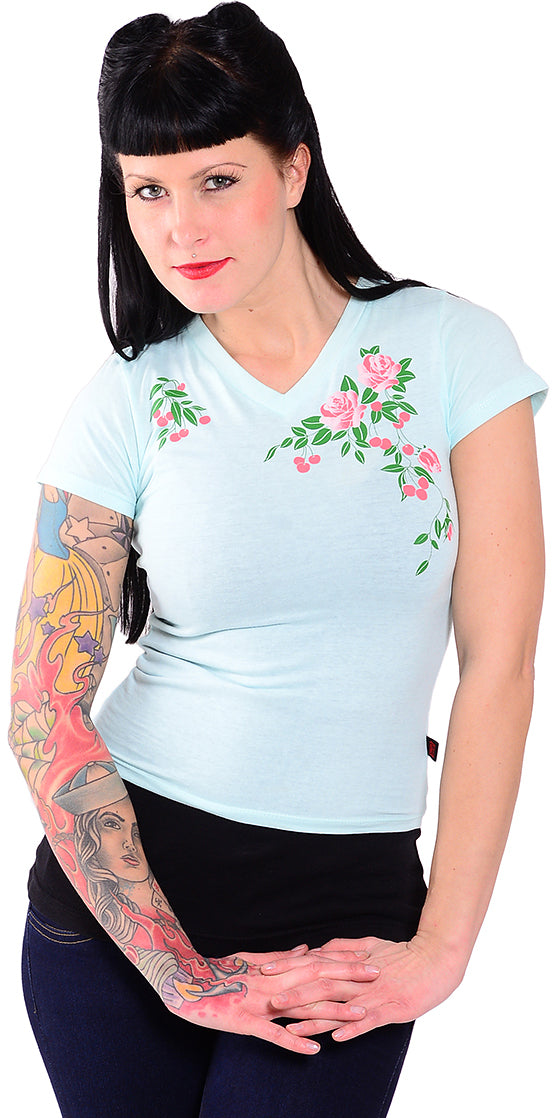 Kirschblueten_Cherry_BLOSSOM_Retro_V-Neck_Girlie_Shirt_gruen