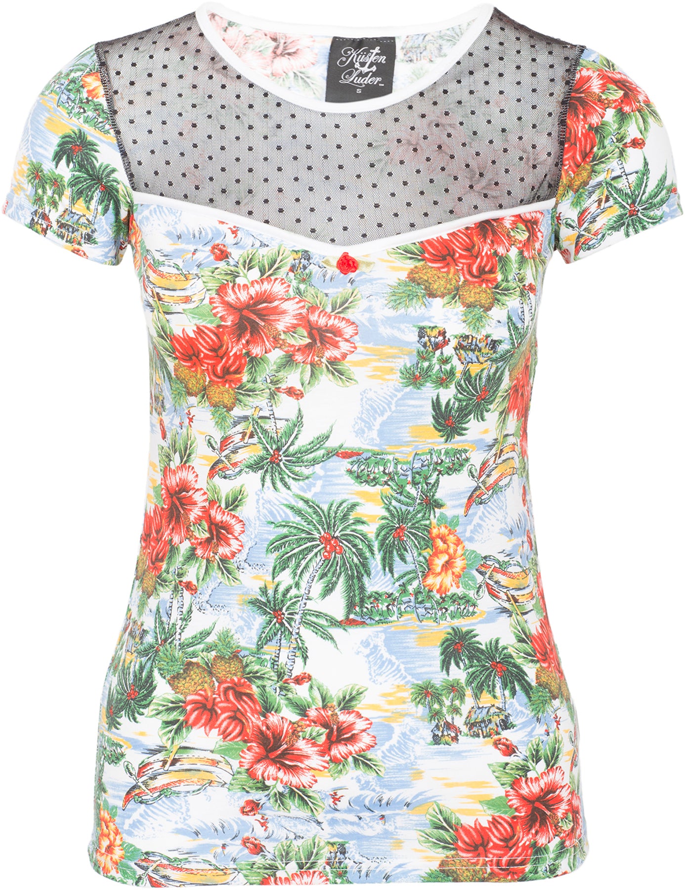 Kuestenluder_DELMA_Vintage_Pineapple_HIBISCUS_Palmen_Punkte_TULLE_Shirt_killer_kirsche