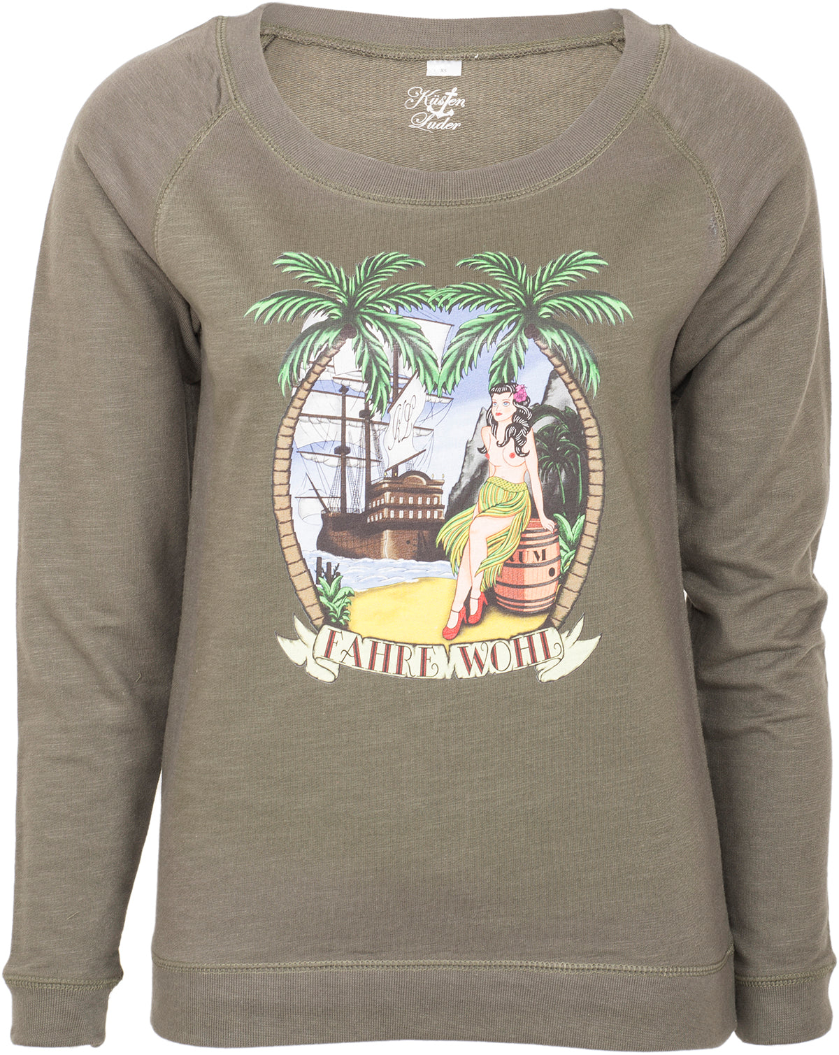 Kuestenluder_FAHRE_WOHL_Sailor_SCHIFF_Ship_TIKI_Raglan_Sweat_PULLOVER_-_Olivgruen-1