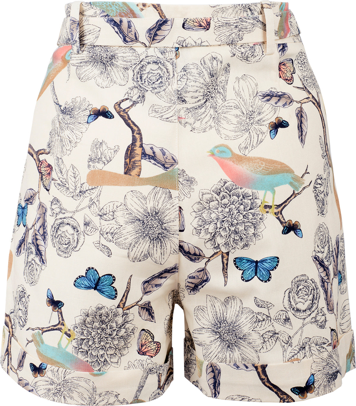 Kuestenluder_KIVELA_Voegel_BUTTERFLY_Blumen_Floral_High_Waist_Hose_SHORTS-4