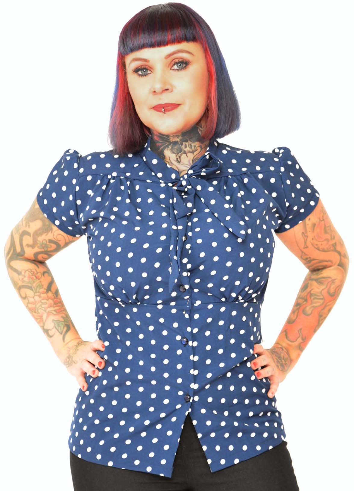 Kuestenluder_LERA_Vintage_PUNKTE_Kurzarm_SCHLUPPENBLUSE_Oberteil_Blau-1
