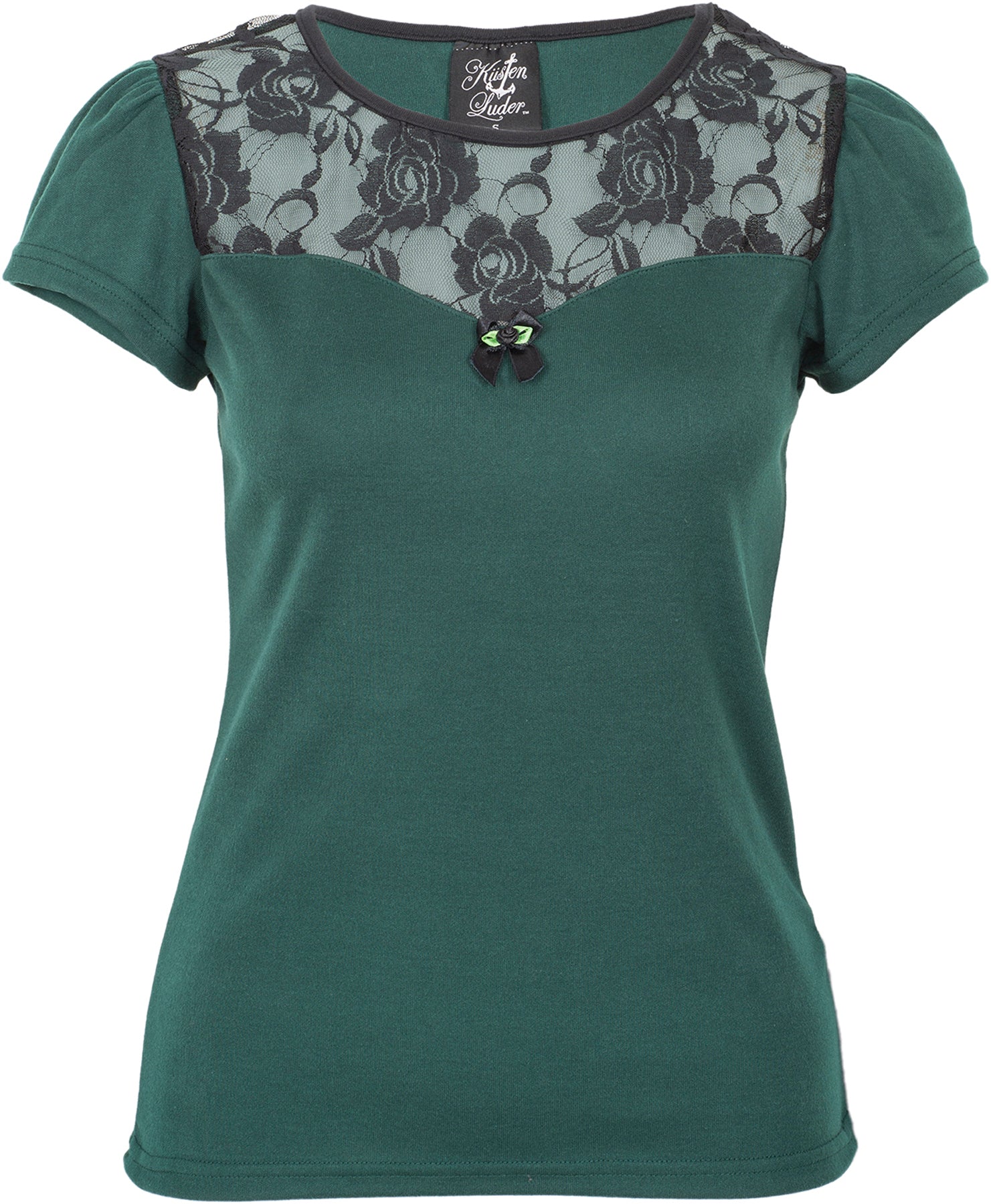 Kuestenluder_LYNNA_Vintage_Floral_LACE_Rosen_Bow_Oberteil_Kurzarm_SHIRT_Gruen_killer_kirsche