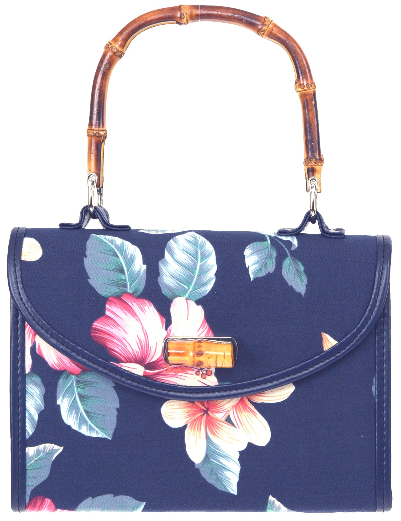 Kuestenluder_MARIN_Tiki_Frangipani_Hibiscus_BAMBOO_Vintage_Pin_Up_Handtasche_dunkelblau_killer_kirsche
