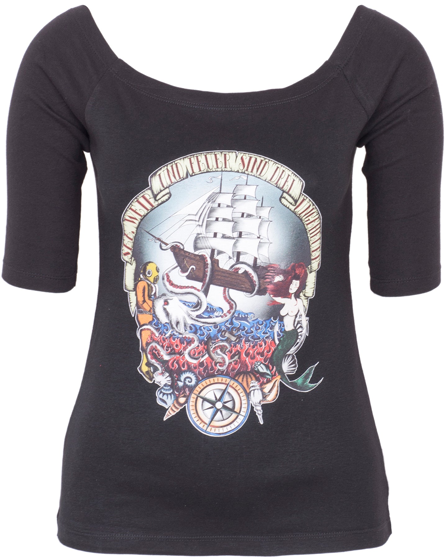 Kuestenluder_SEE_WEIB_UND_FEUER_Sailor_Ship_Mermaid_U-Boot_dreiviertel_Arm_SHIRT_killer_kirsche