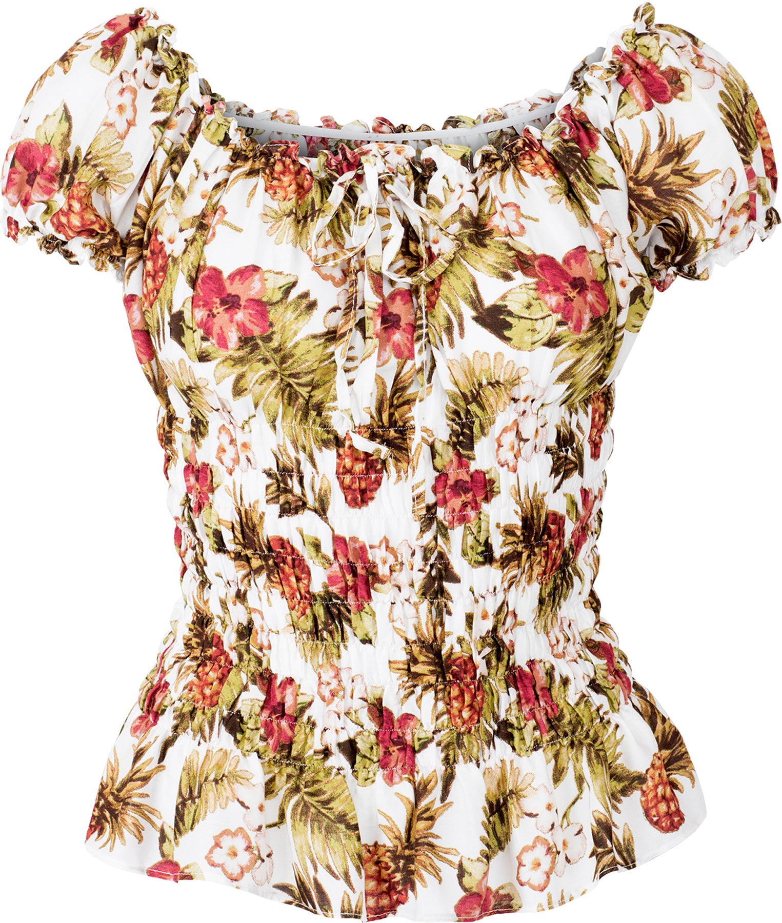 Kuestenluder_THAO_Hibiskus_Tropical_PINEAPPLE_Palm_Leaf_RUFFLE_Bluse_killer_kirsche