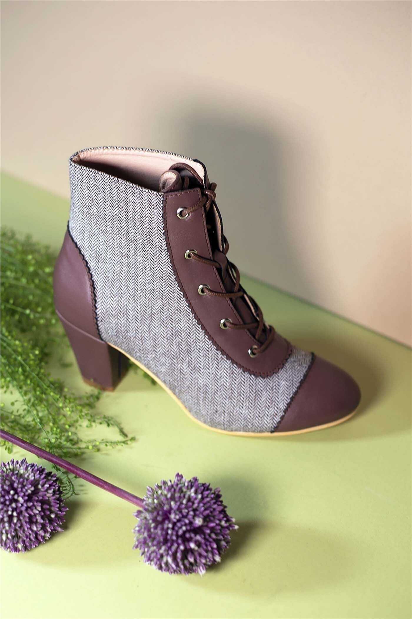 Lulu_Hun_SELMA_HERRINGBONE_Vintage_5Eye_Fischgrtemuster_SCHNRSTIEFEL_Ankle_Boots__Braun-2