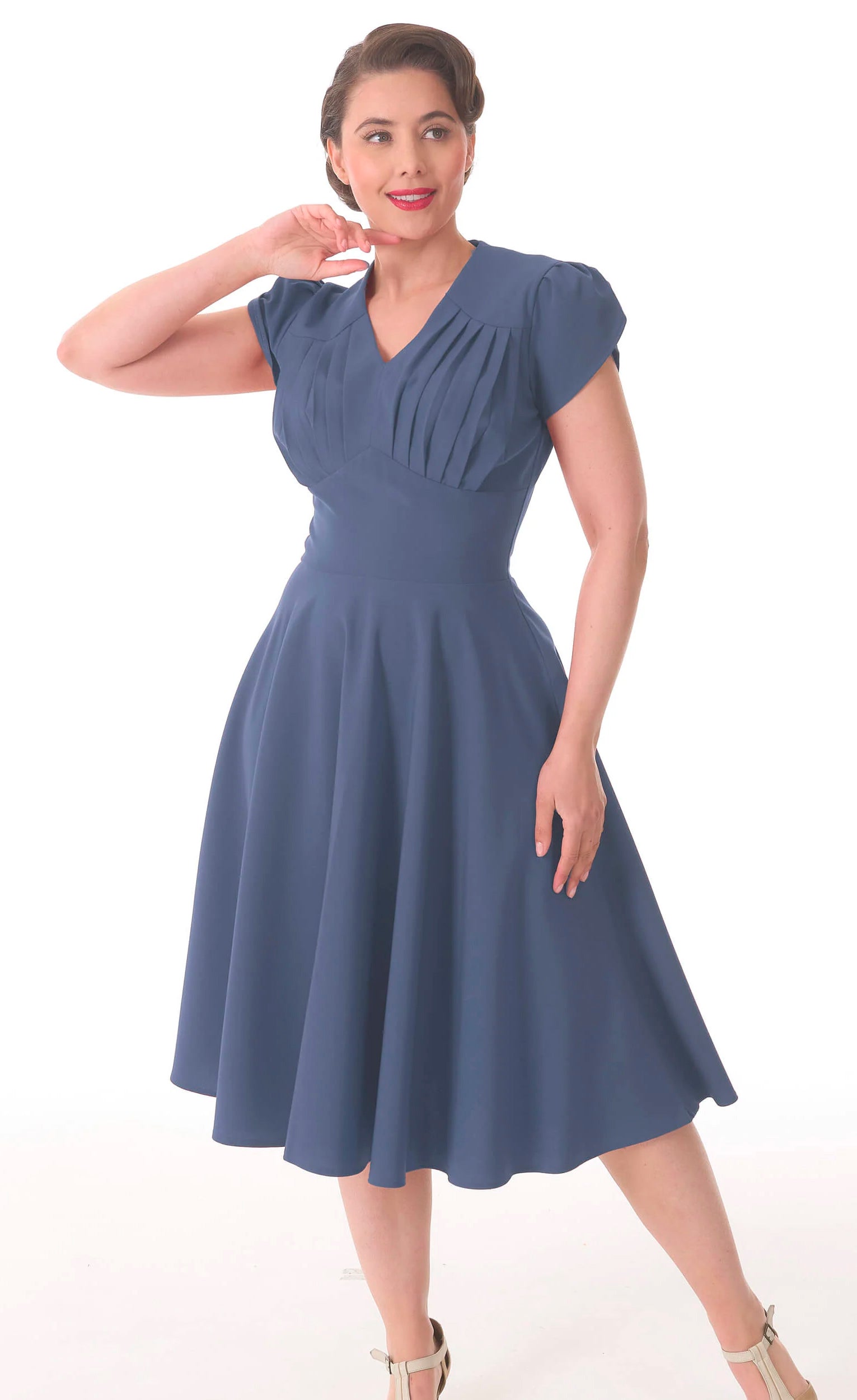 Pretty Retro «SWING DRESS» 50s Vintage PLEATED Kurzarm Swing KLEID - Airforce