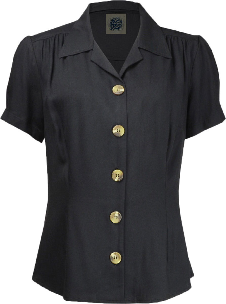 Pretty_Retro_PLAIN_40s_Buttoned_BLOUSE_Kurzarm_Oberteil_BLUSE_Schwarz-1
