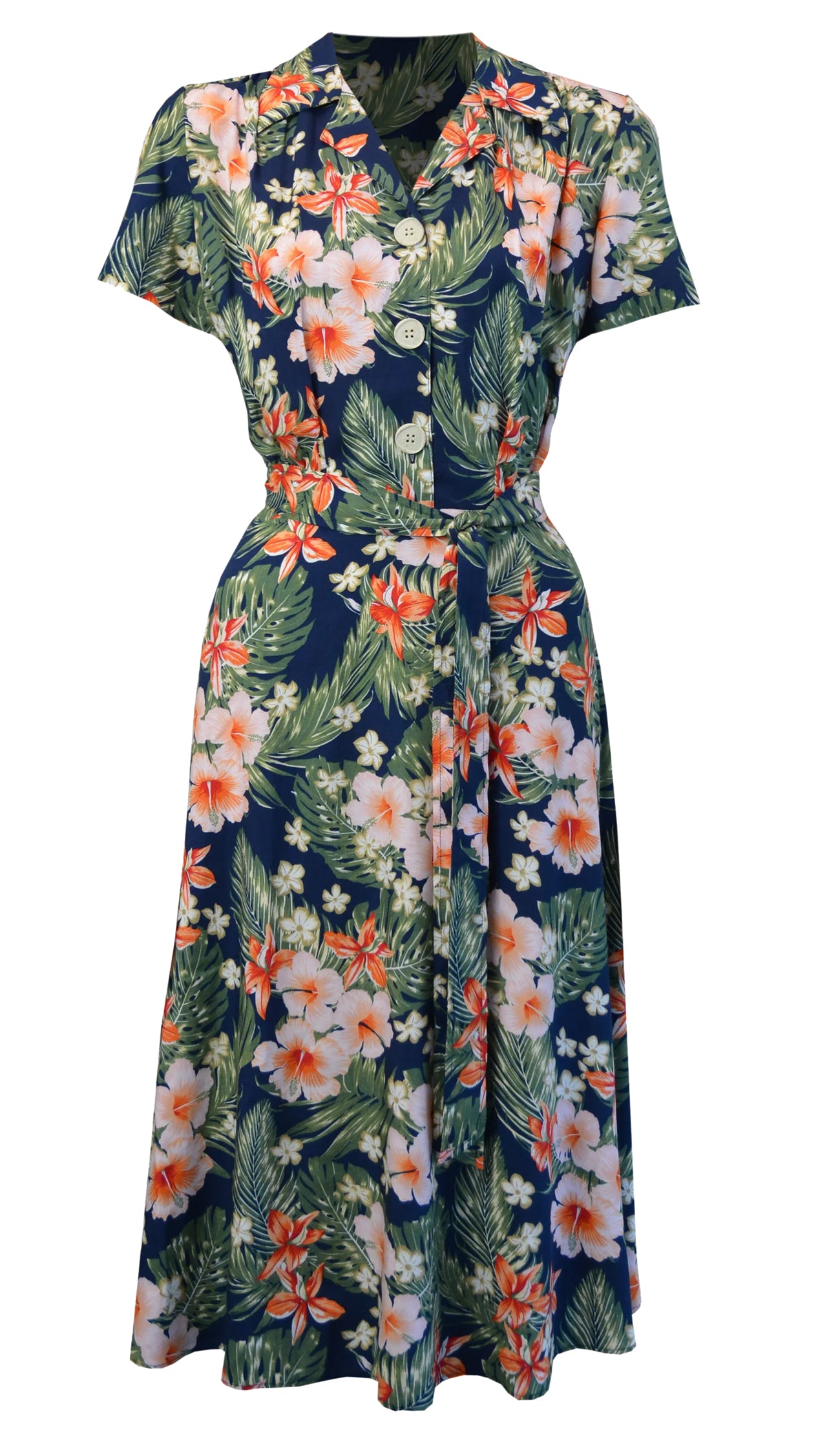 Pretty_Retro_TIKI_HIBISCUS_Vintage_Tropical_40s_Kurzarm_SHIRT_DRESS_Kleid_-_Dunkelblau-2
