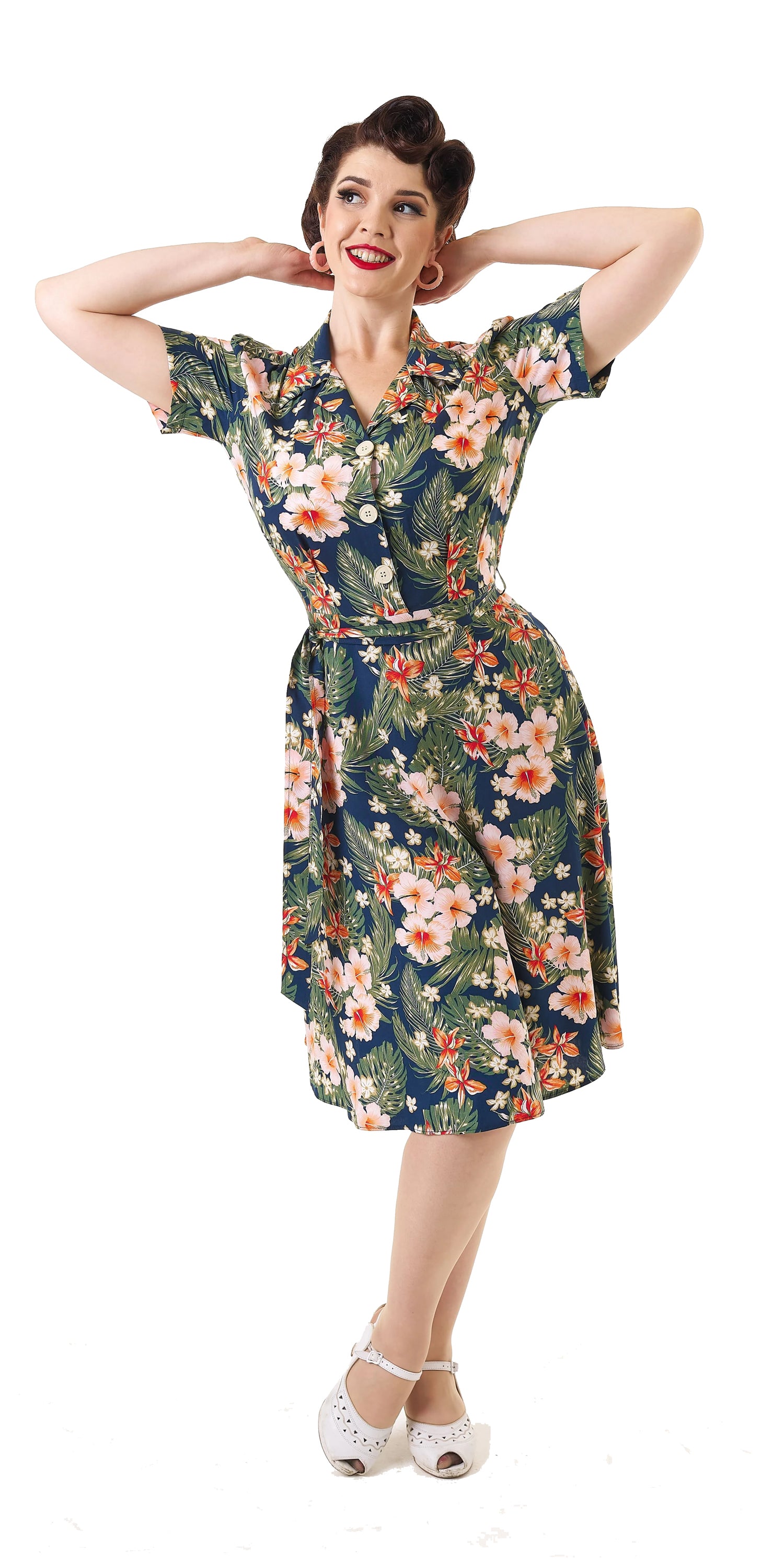 Pretty_Retro_TIKI_HIBISCUS_Vintage_Tropical_40s_Kurzarm_SHIRT_DRESS_Kleid_-_Dunkelblau-3