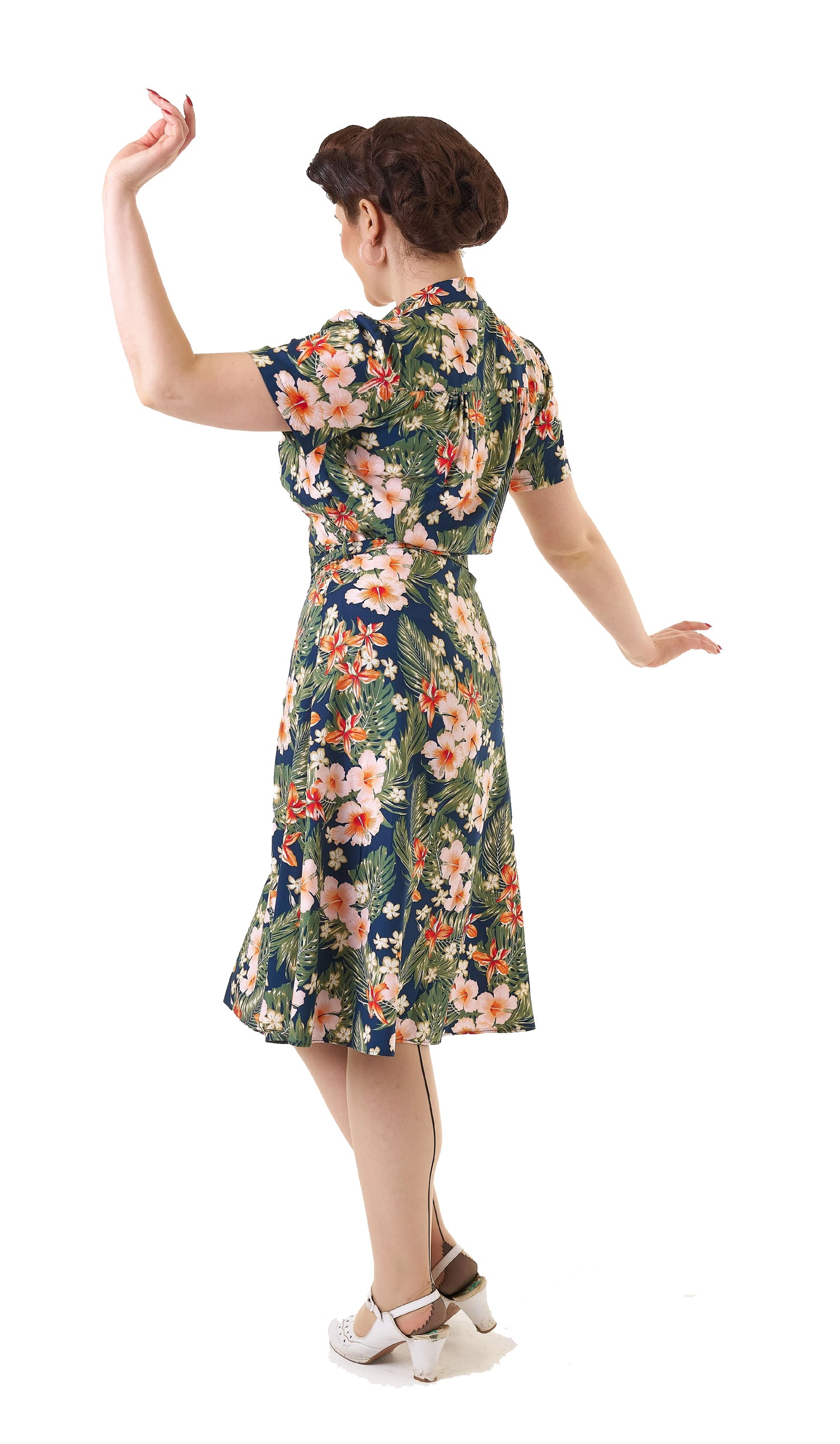 Pretty_Retro_TIKI_HIBISCUS_Vintage_Tropical_40s_Kurzarm_SHIRT_DRESS_Kleid_-_Dunkelblau-4