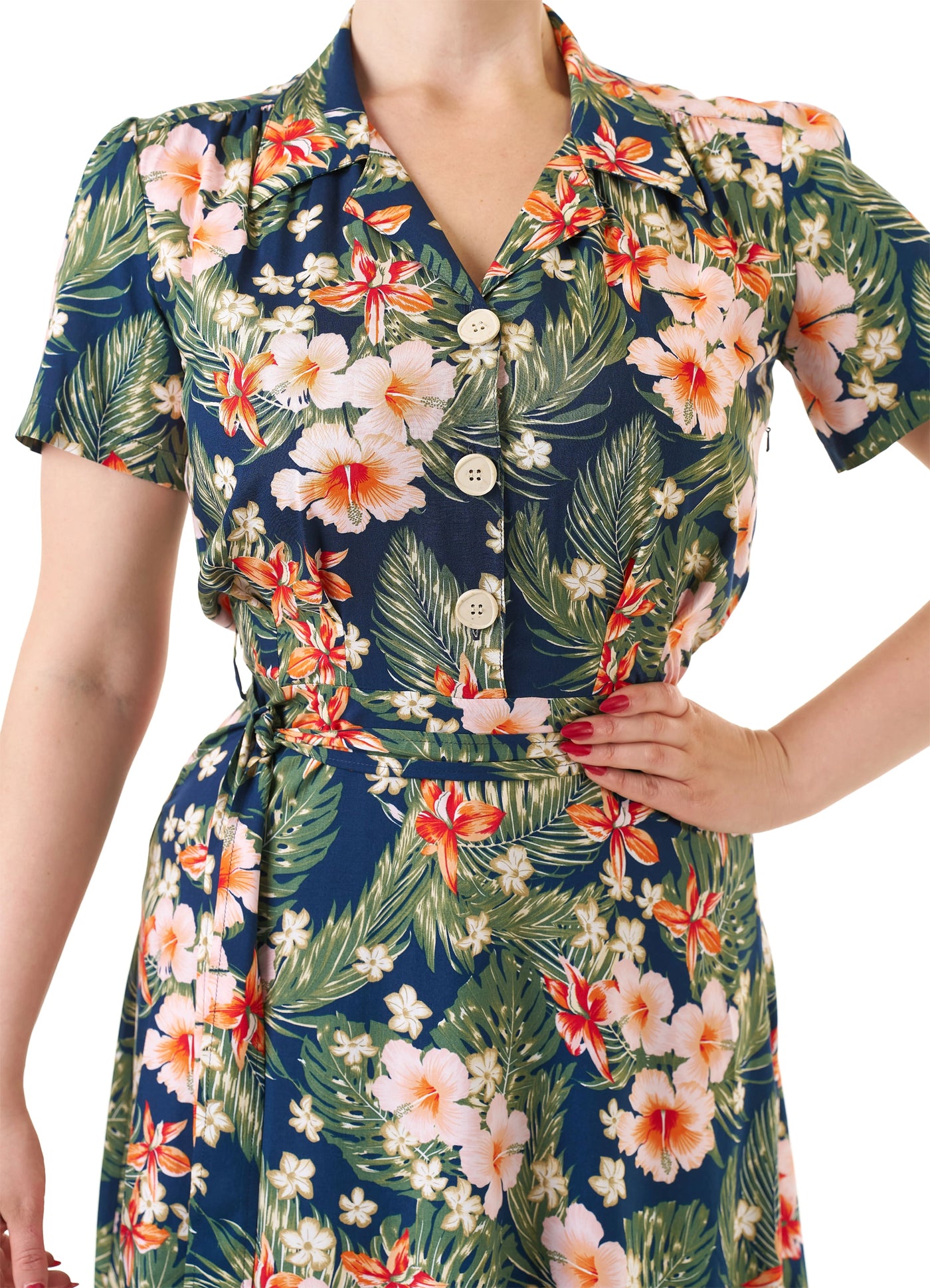 Pretty_Retro_TIKI_HIBISCUS_Vintage_Tropical_40s_Kurzarm_SHIRT_DRESS_Kleid_-_Dunkelblau-5