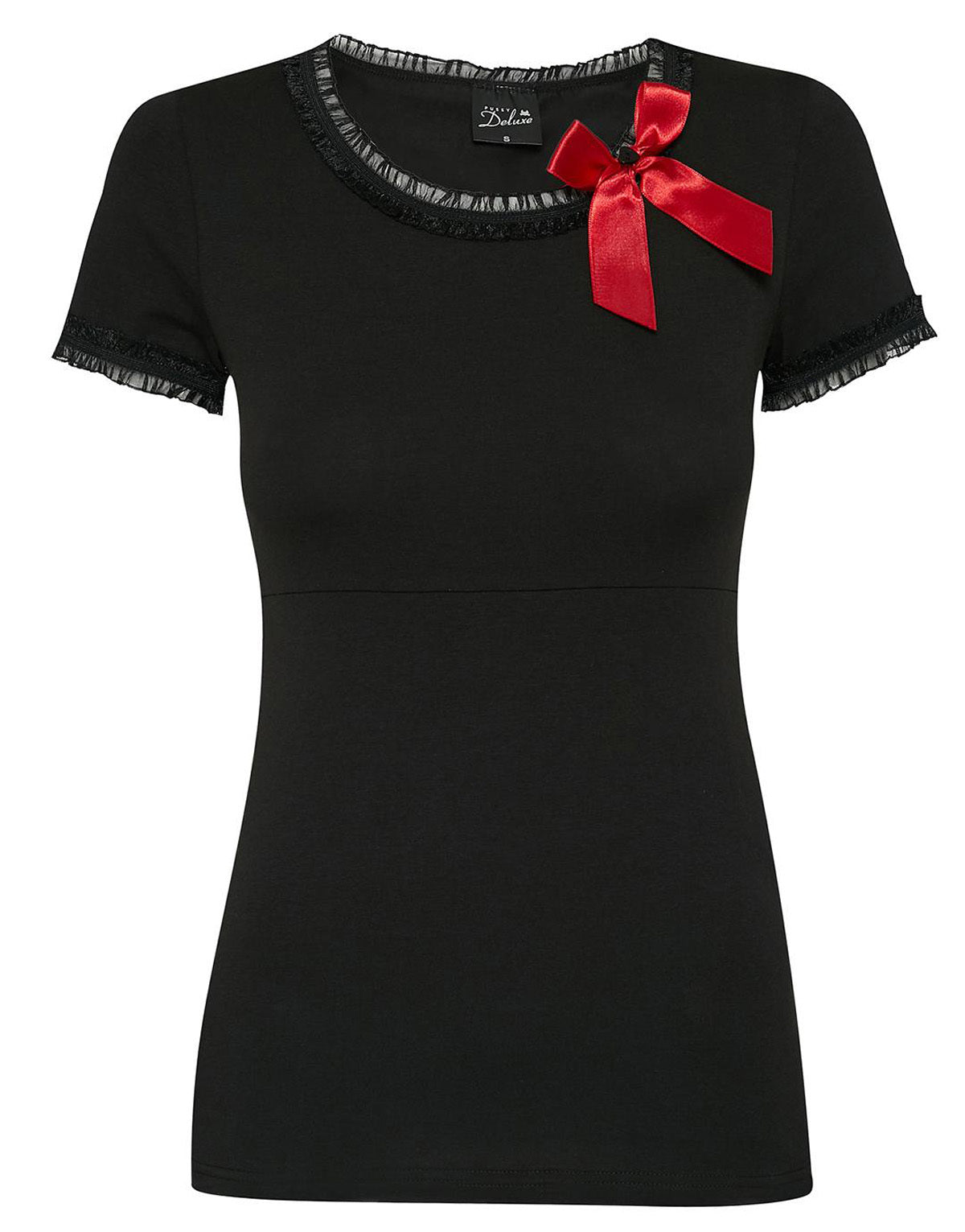 Pussy_Deluxe_BOW_ON_BLACK_Rueschen_RED_BOW_Ruffle_Vintage_Retro_SHIRT__Schwarz-1