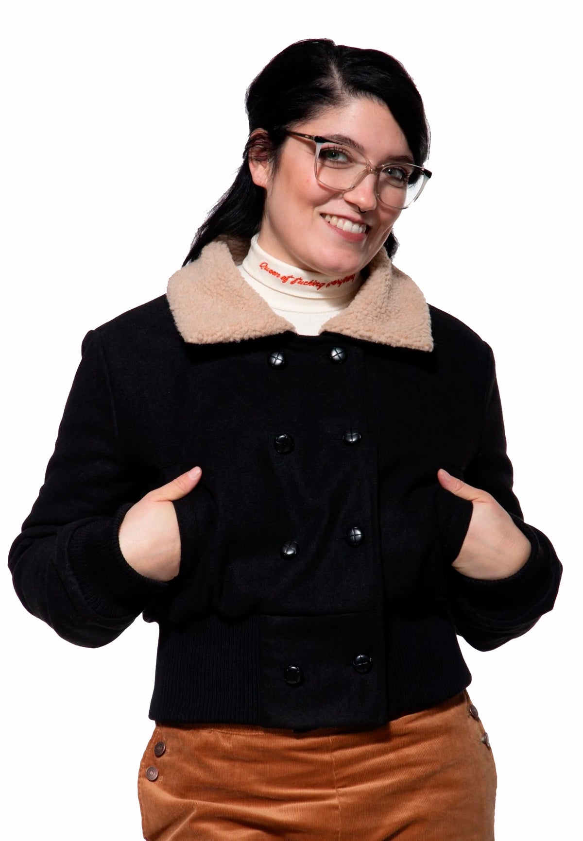 Queen Kerosin Damen Vintage Wolljacke in Schwarz mit beigem Teddykragen, zweireihiger Knopfleiste und kurzem Retro-Schnitt