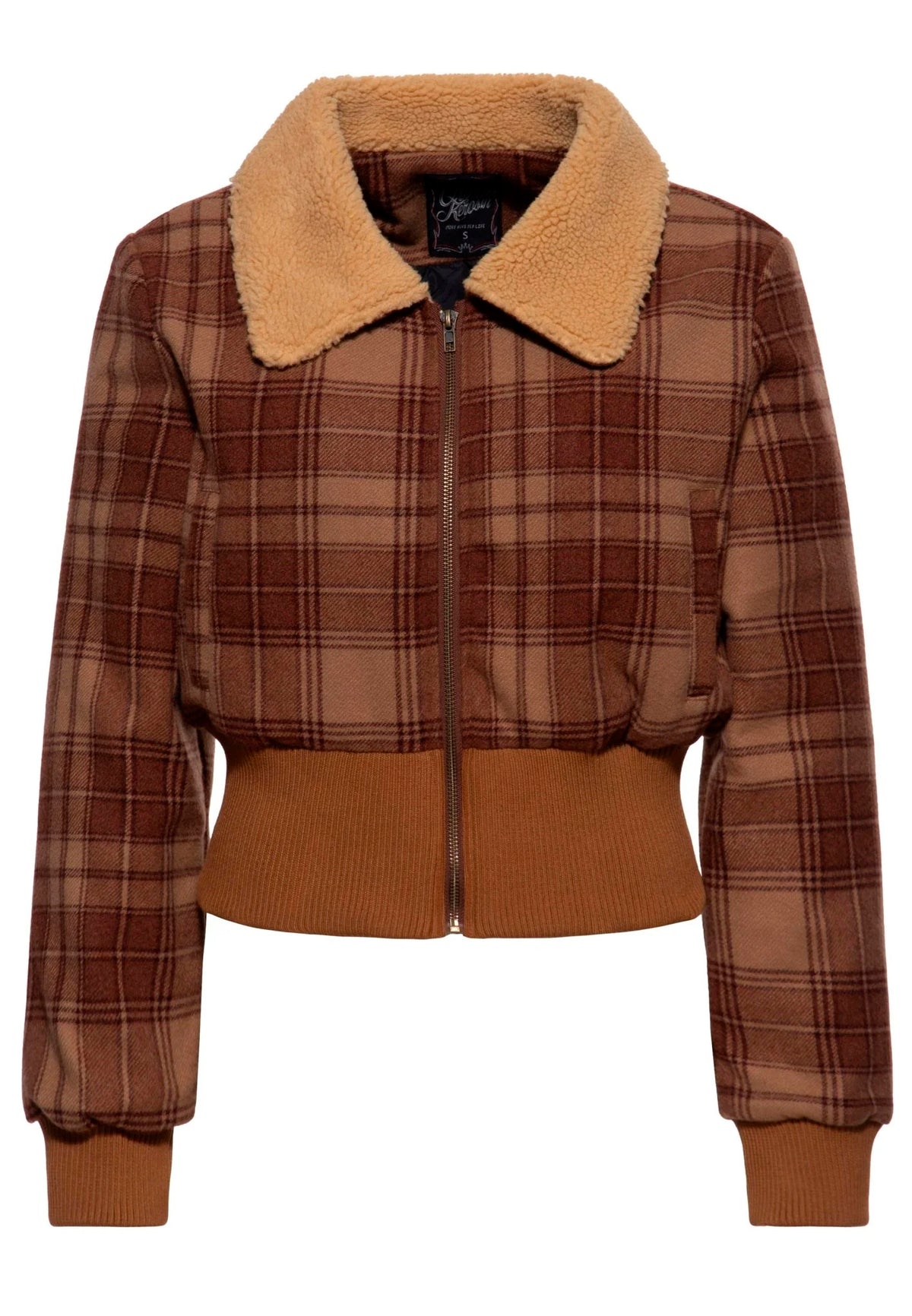 Queen Kerosin Damen Cropped Flanelljacke in Braun mit Karomuster, beigem Teddykragen und breitem Taillenbund