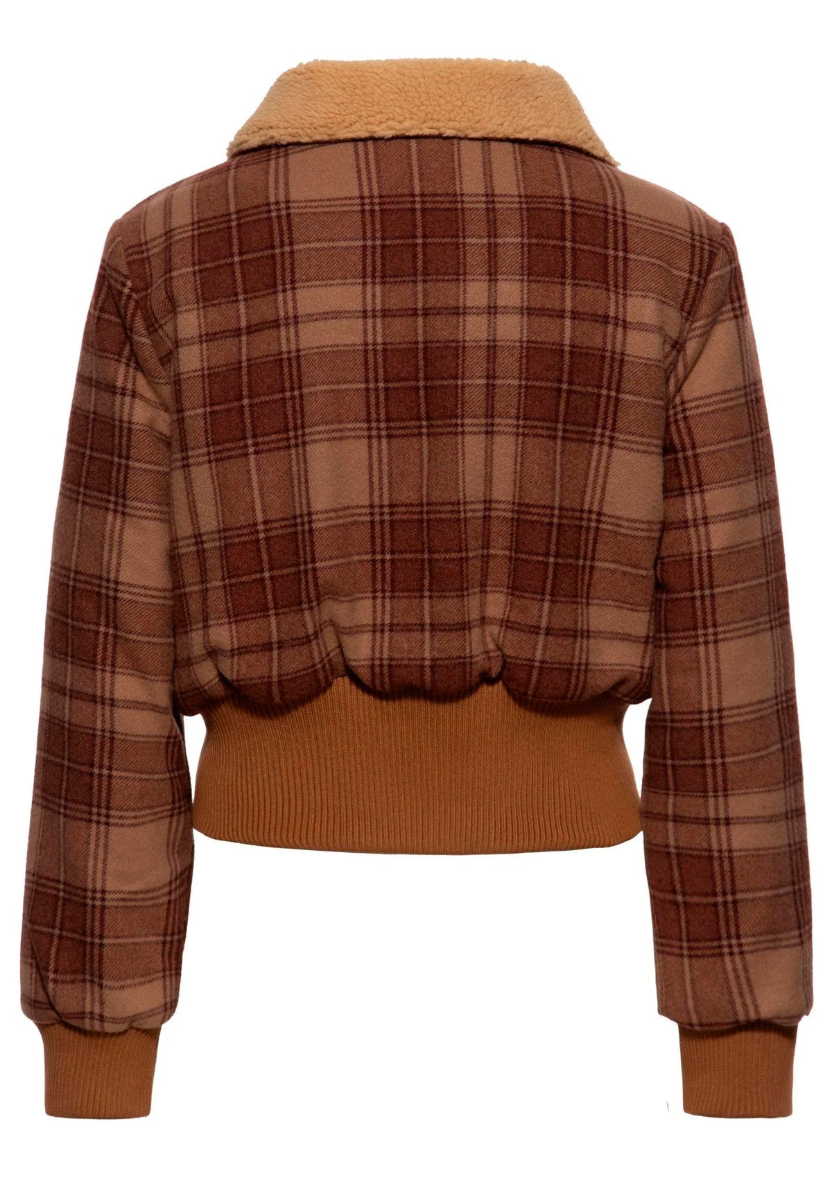 Queen Kerosin «Cropped Flanell» Vintage Retro Karo Plaid Flanelljacke mit Teddykragen - Braun