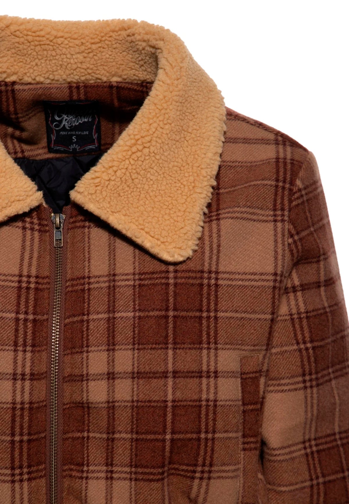 Queen Kerosin «Cropped Flanell» Vintage Retro Karo Plaid Flanelljacke mit Teddykragen - Braun
