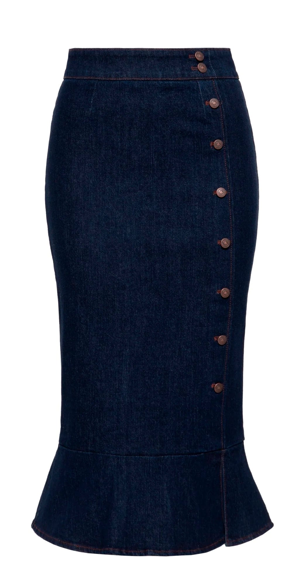 Queen Kerosin Damen Denim Pencil Rock in Dark Blue Wash mit Knopfleiste