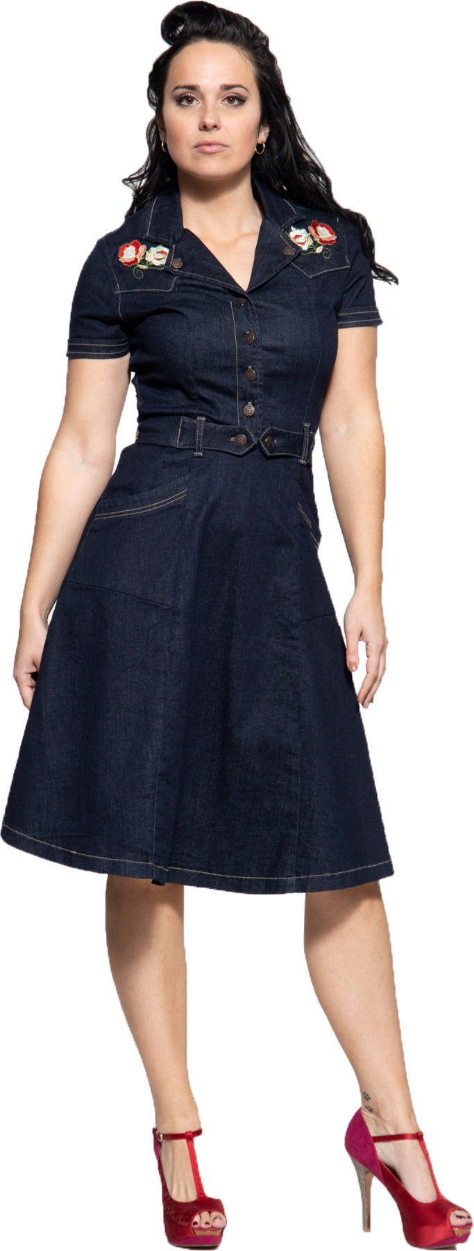 Queen_Kerosin_50s_FLORAL_EMBROIDERY_Kurzarm_DENIM_Jeans_SWING_DRESS_Hemdkleid_Killer_Kirsche-1